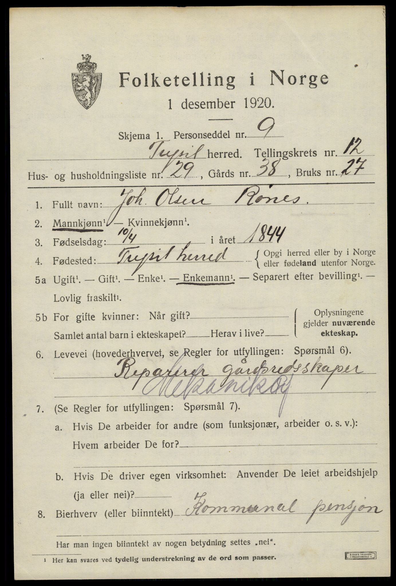SAH, 1920 census for Trysil, 1920, p. 7533