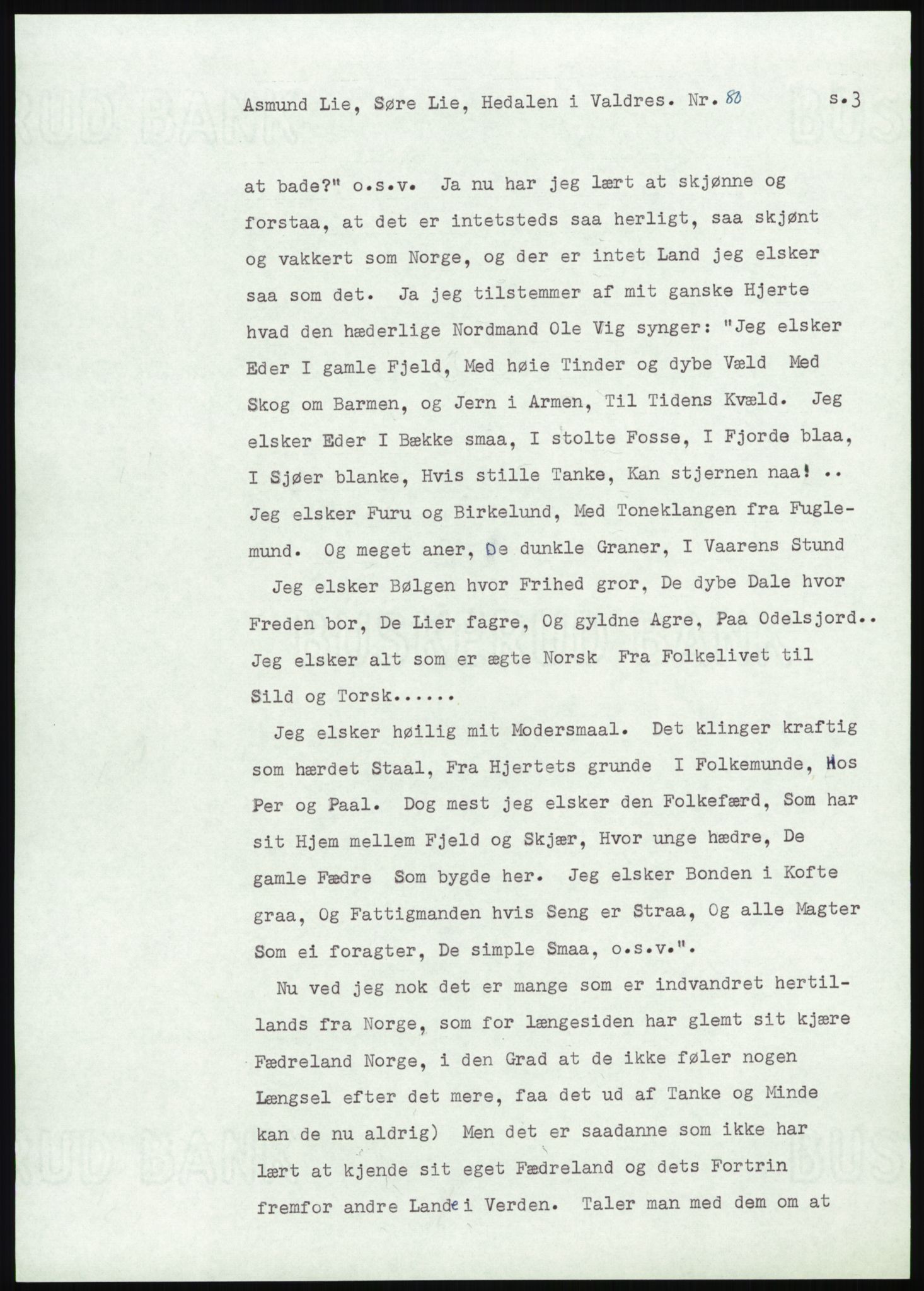 Samlinger til kildeutgivelse, Amerikabrevene, AV/RA-EA-4057/F/L0013: Innlån fra Oppland: Lie (brevnr 79-115) - Nordrum, 1838-1914, p. 19