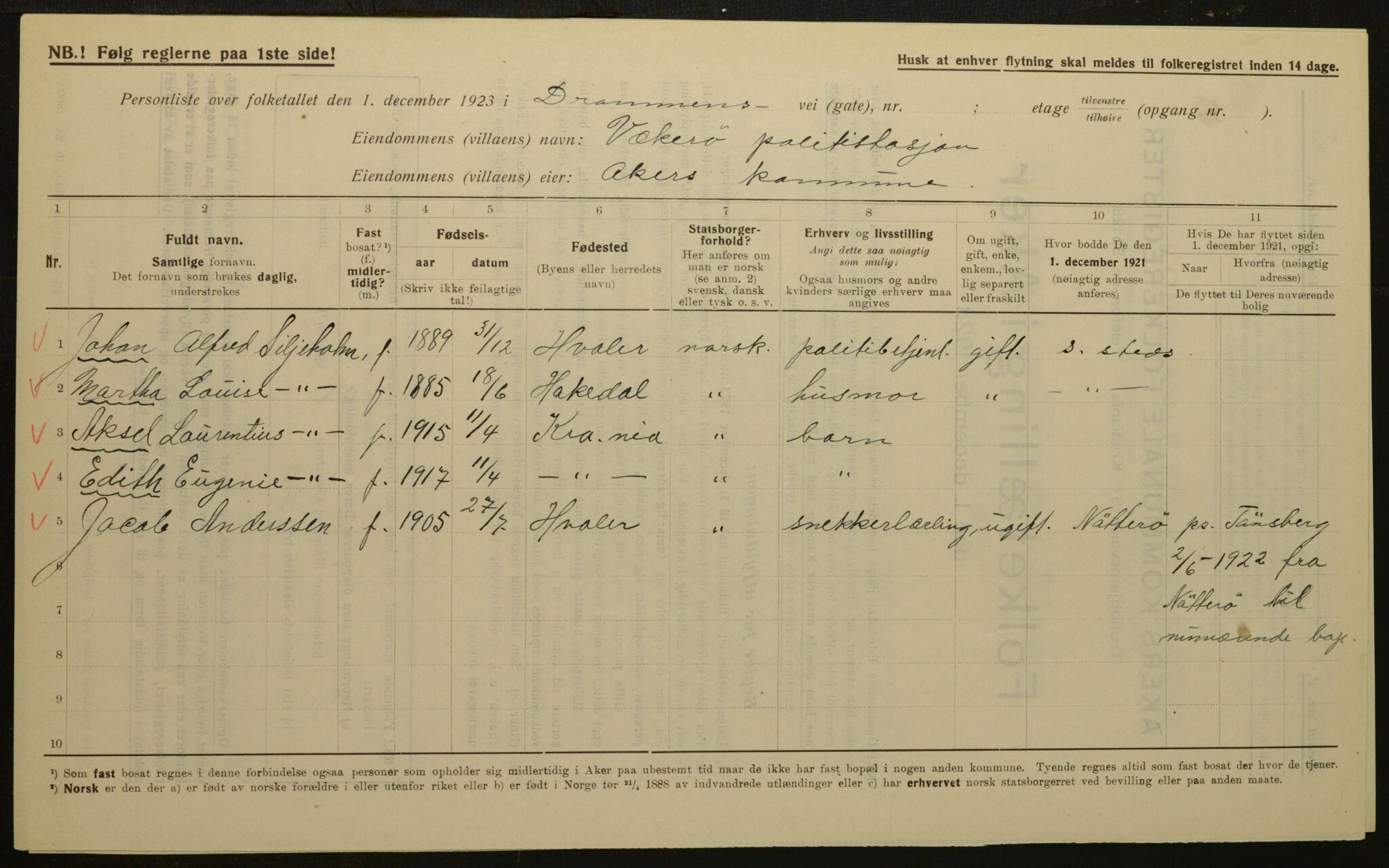 , Municipal Census 1923 for Aker, 1923, p. 1506