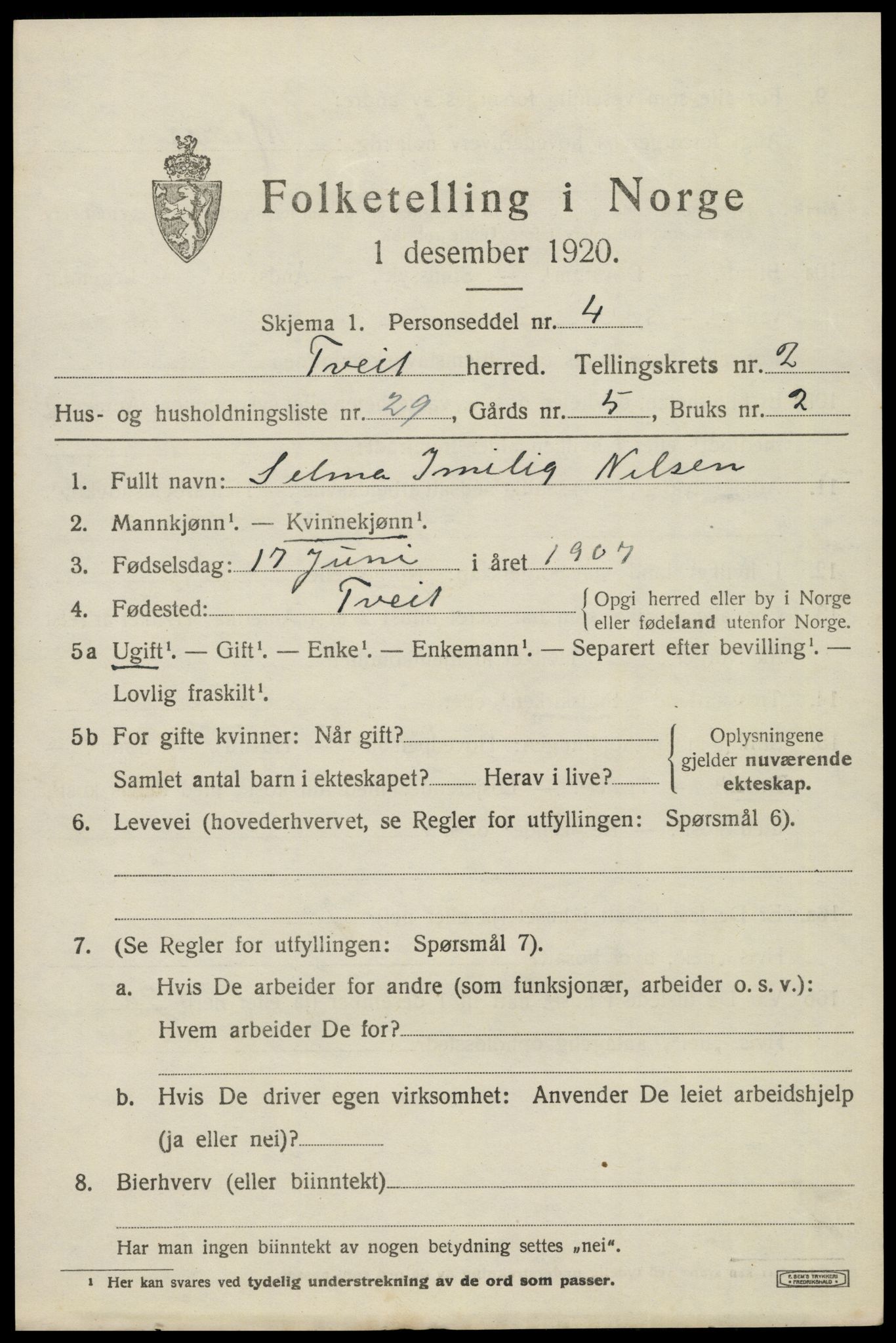 SAK, 1920 census for Tveit, 1920, p. 1476