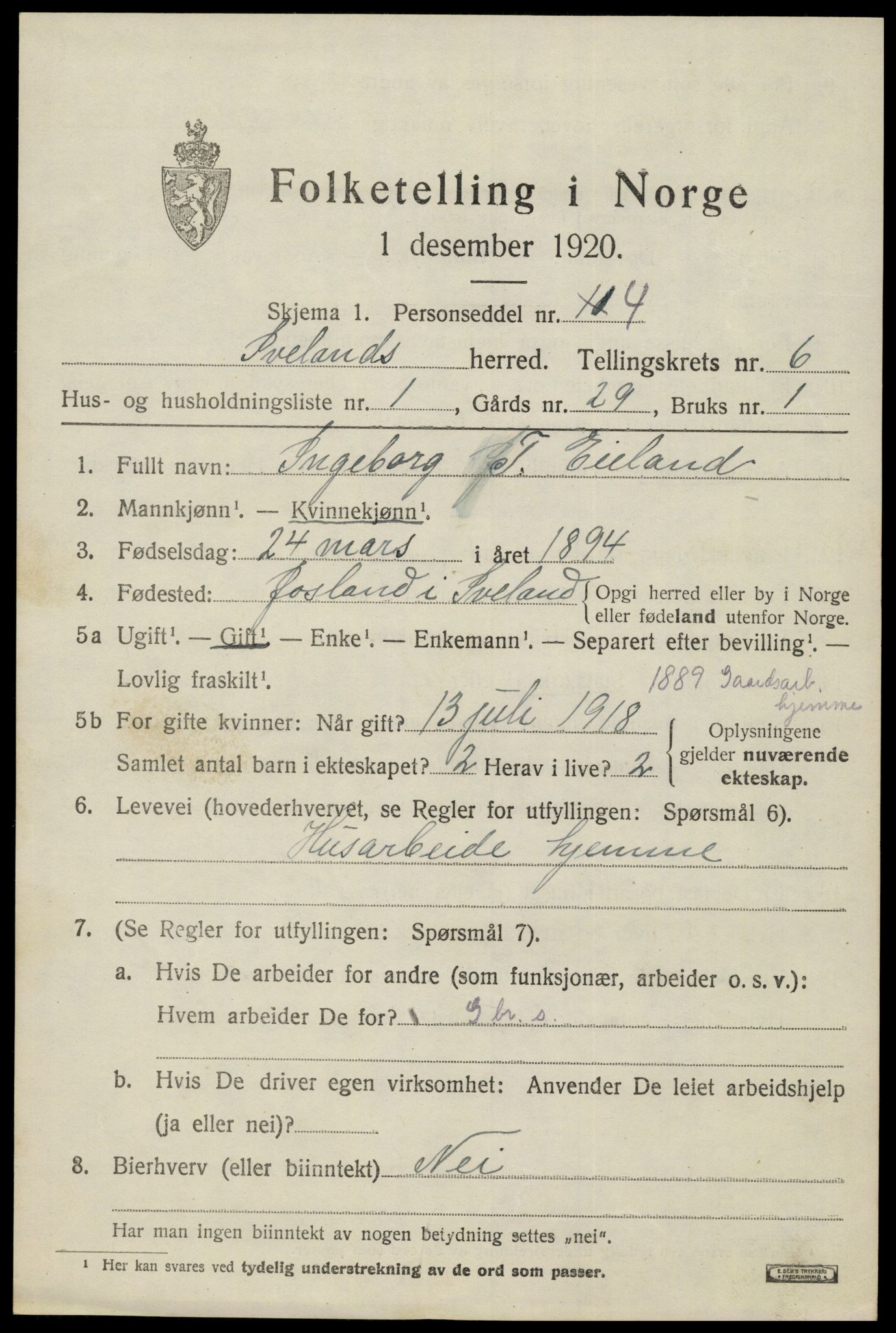 SAK, 1920 census for Iveland, 1920, p. 1933