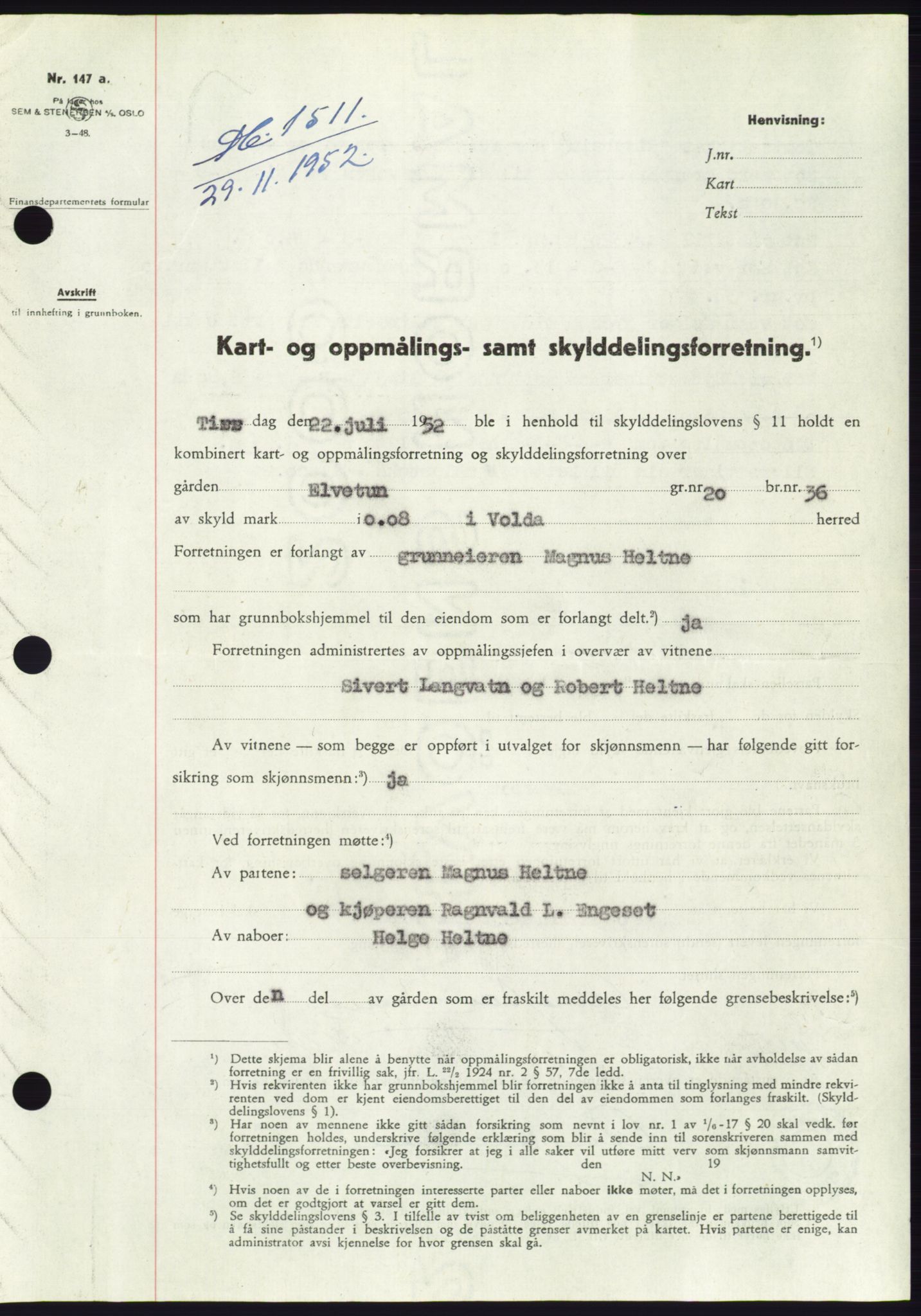 Søre Sunnmøre sorenskriveri, AV/SAT-A-4122/1/2/2C/L0092: Mortgage book no. 18A, 1952-1952, Diary no: : 1511/1952