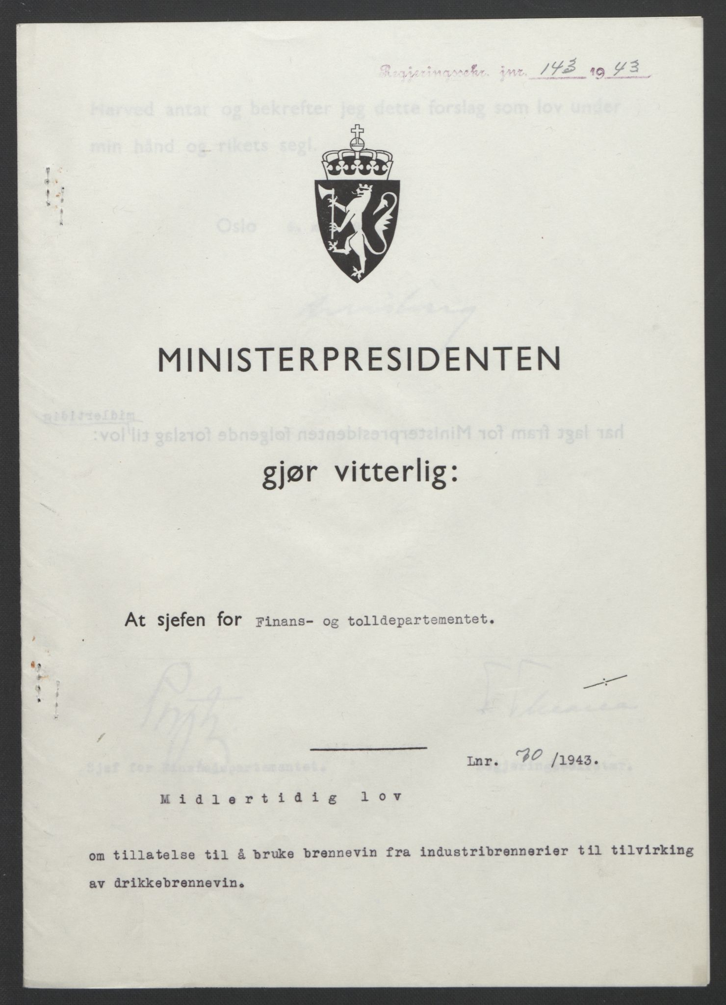 NS-administrasjonen 1940-1945 (Statsrådsekretariatet, de kommisariske statsråder mm), RA/S-4279/D/Db/L0099: Lover, 1943, p. 320