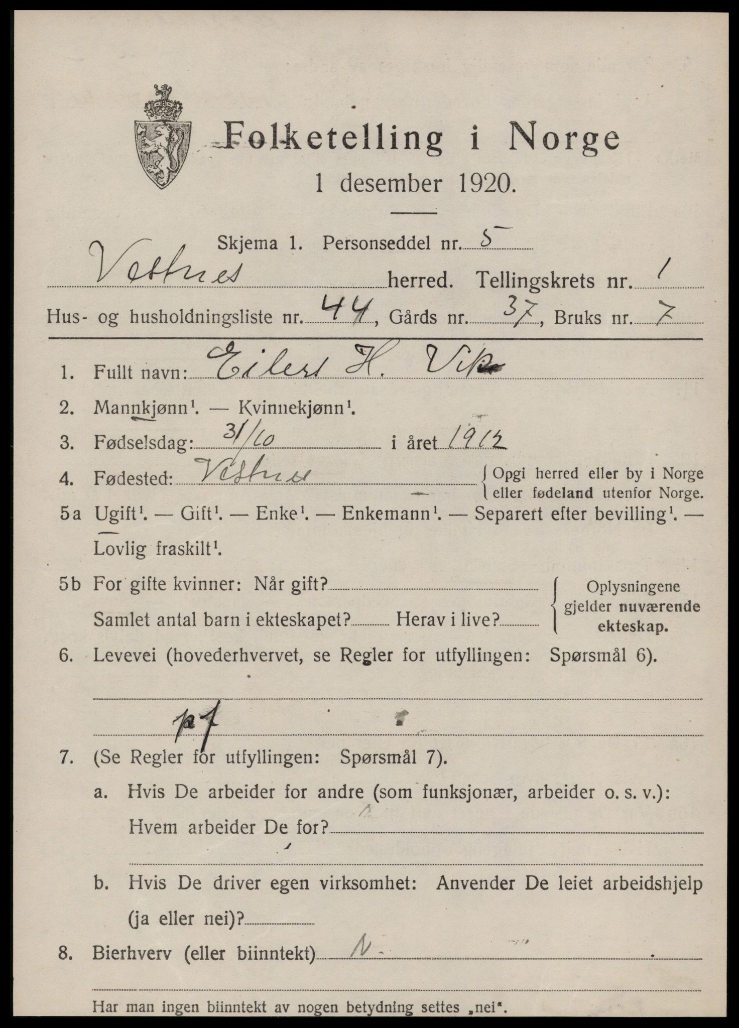 SAT, 1920 census for Vestnes, 1920, p. 1755