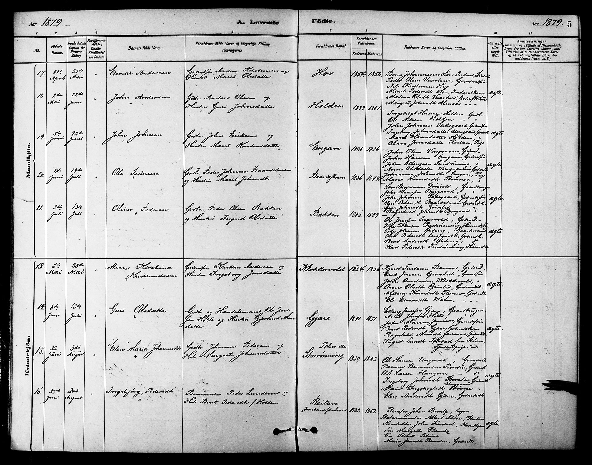 Ministerialprotokoller, klokkerbøker og fødselsregistre - Sør-Trøndelag, SAT/A-1456/686/L0983: Parish register (official) no. 686A01, 1879-1890, p. 5