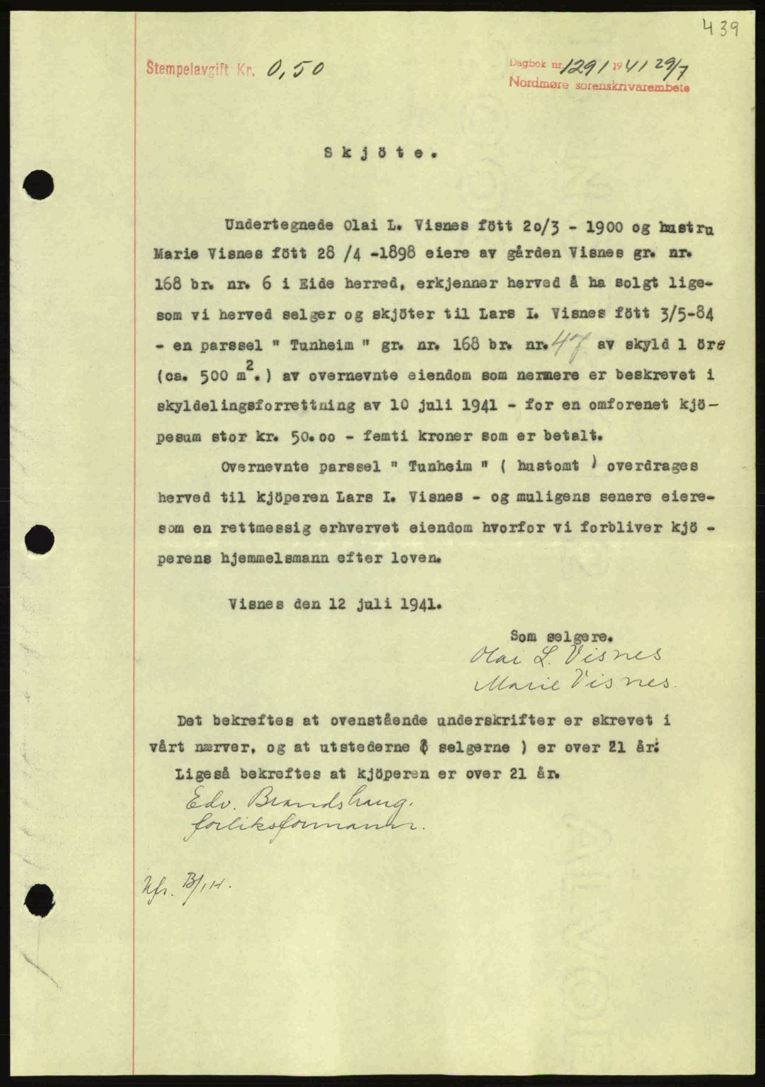 Nordmøre sorenskriveri, SAT/A-4132/1/2/2Ca: Mortgage book no. A90, 1941-1941, Diary no: : 1291/1941
