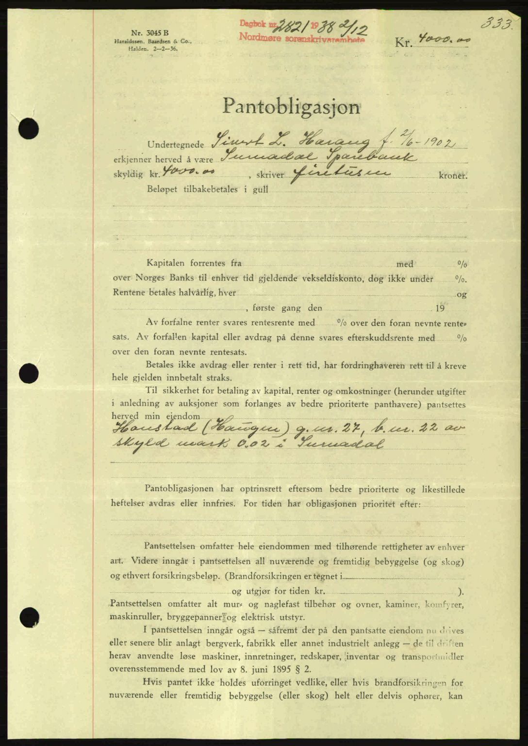 Nordmøre sorenskriveri, SAT/A-4132/1/2/2Ca: Mortgage book no. B84, 1938-1939, Diary no: : 2821/1938