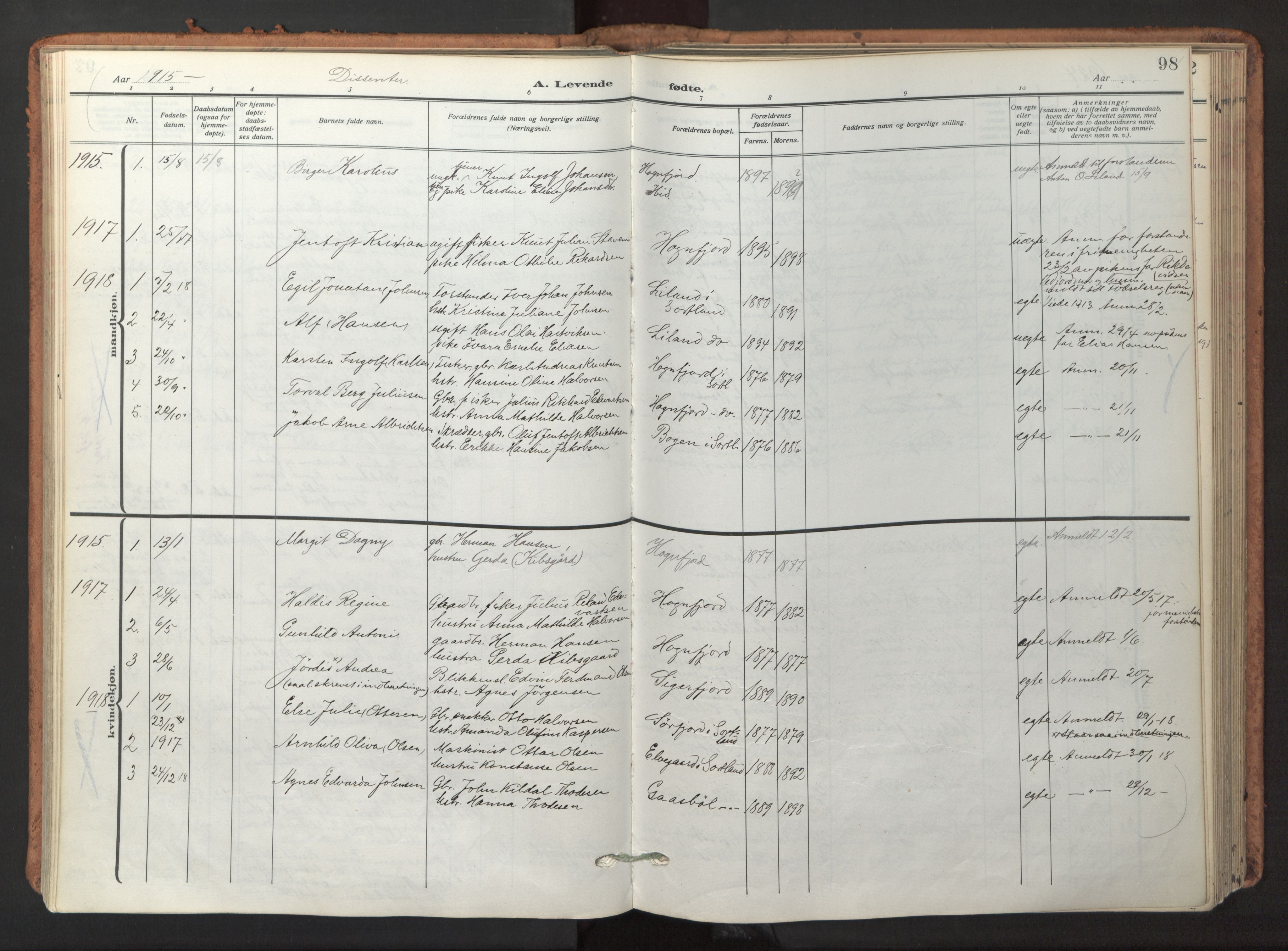 Ministerialprotokoller, klokkerbøker og fødselsregistre - Nordland, AV/SAT-A-1459/895/L1374: Parish register (official) no. 895A09, 1915-1925, p. 98