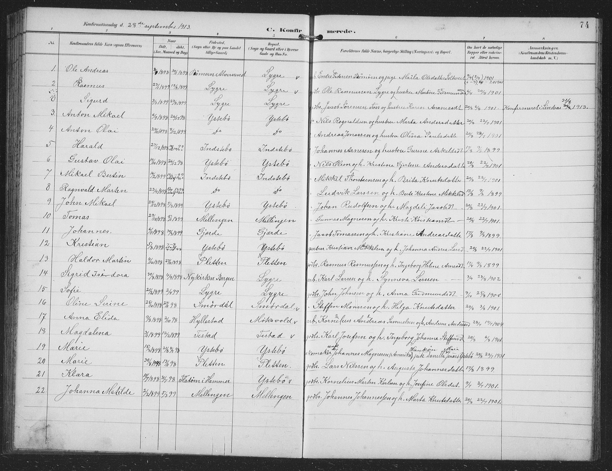 Alversund Sokneprestembete, SAB/A-73901/H/Ha/Hab: Parish register (copy) no. B 4, 1897-1914, p. 74