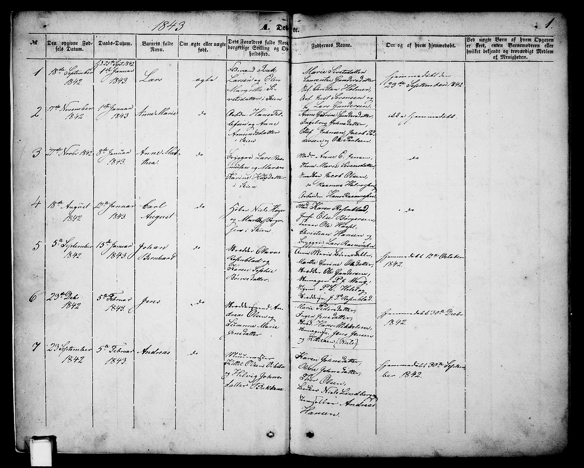 Skien kirkebøker, SAKO/A-302/G/Ga/L0004: Parish register (copy) no. 4, 1843-1867, p. 1