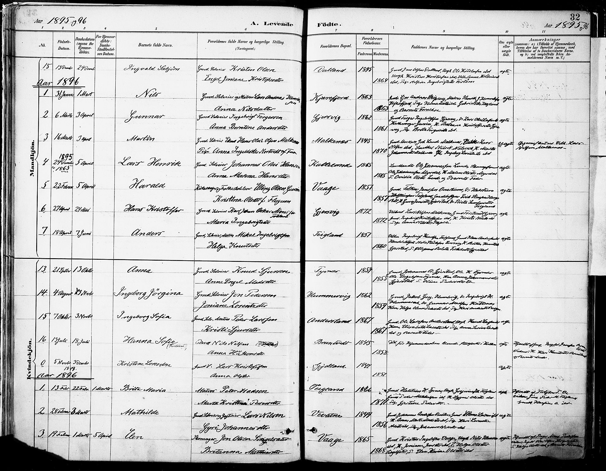 Tysnes sokneprestembete, SAB/A-78601/H/Haa: Parish register (official) no. B 1, 1887-1906, p. 32