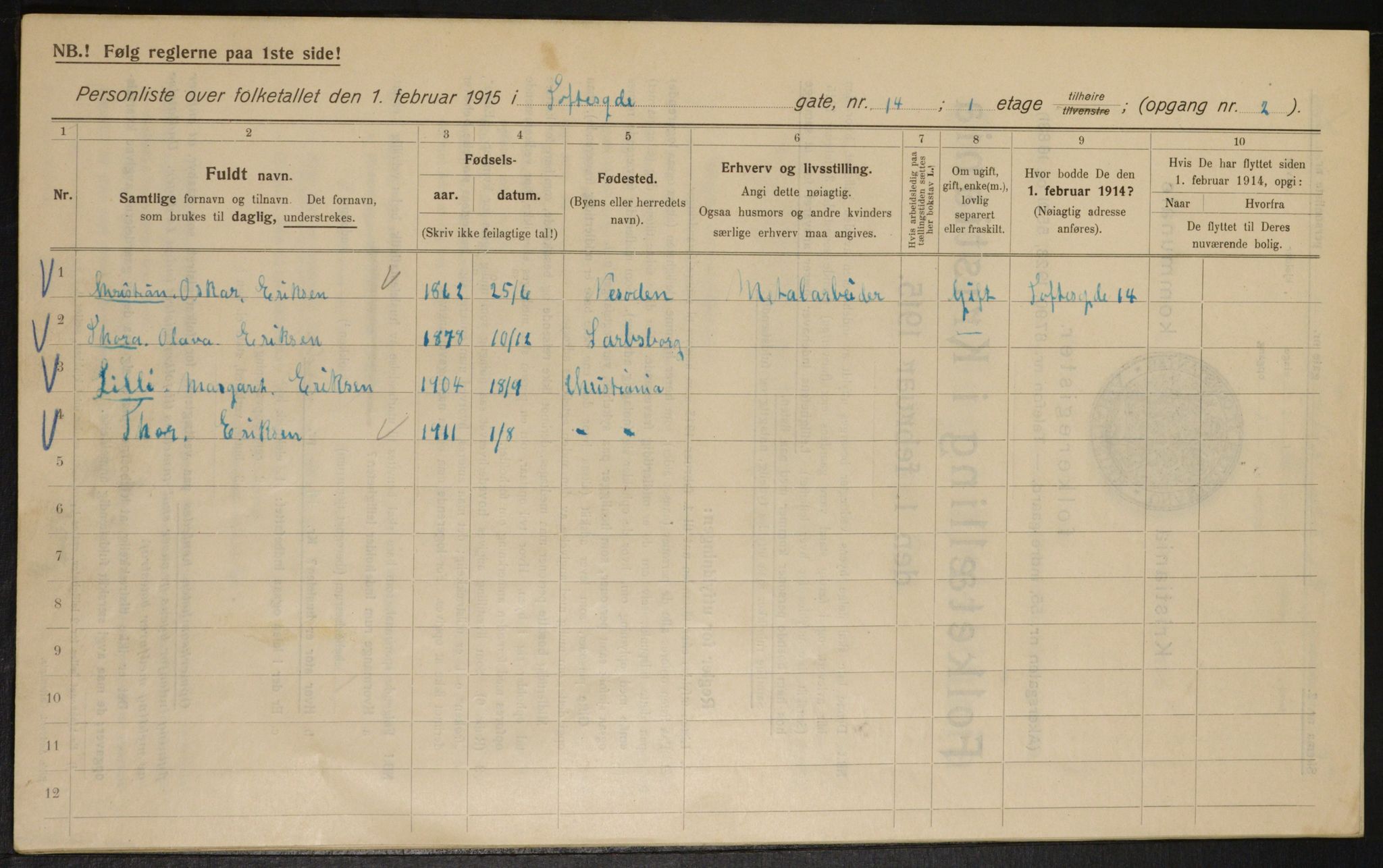 OBA, Municipal Census 1915 for Kristiania, 1915, p. 111940