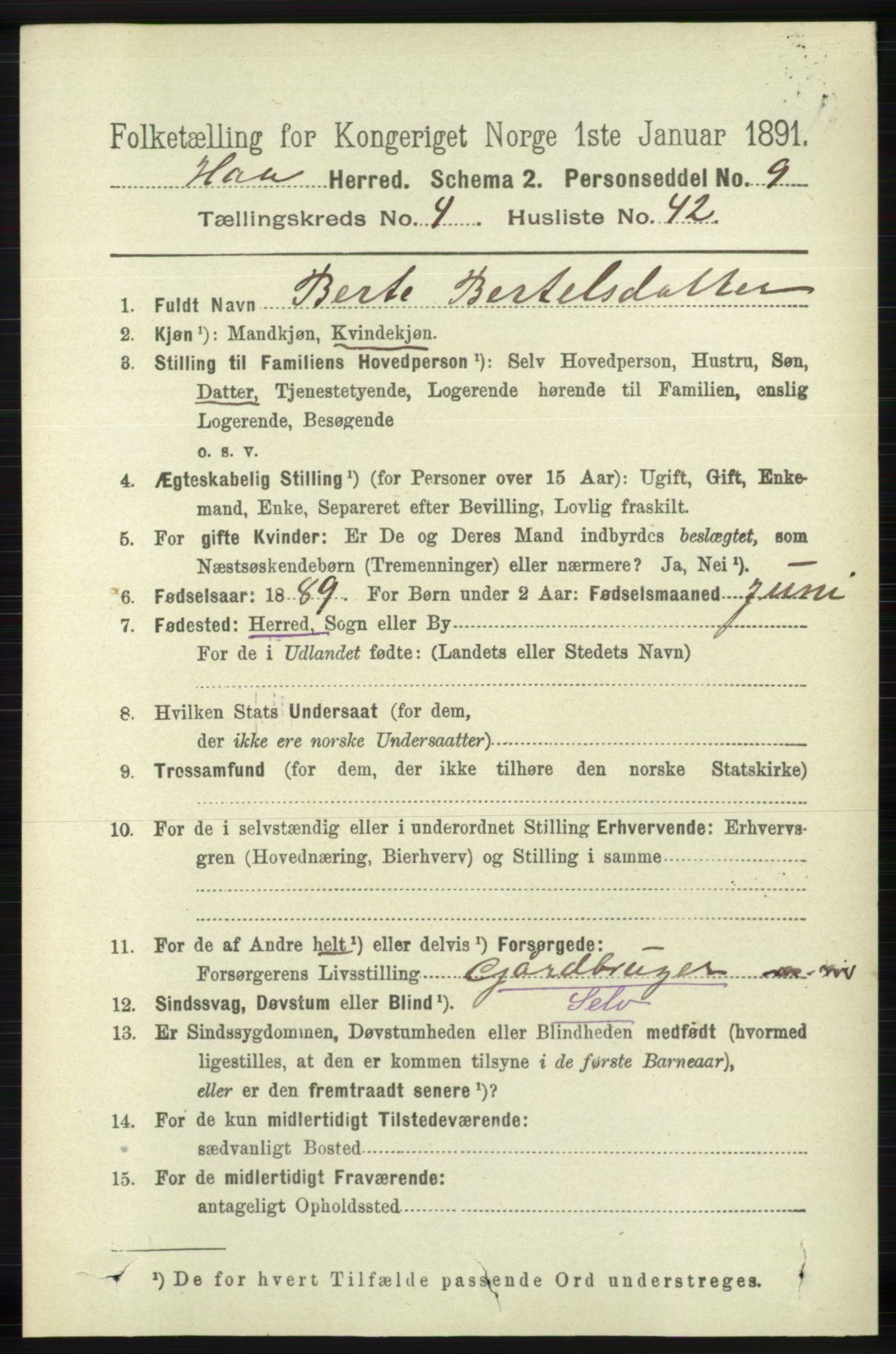 RA, 1891 census for 1119 Hå, 1891, p. 1279