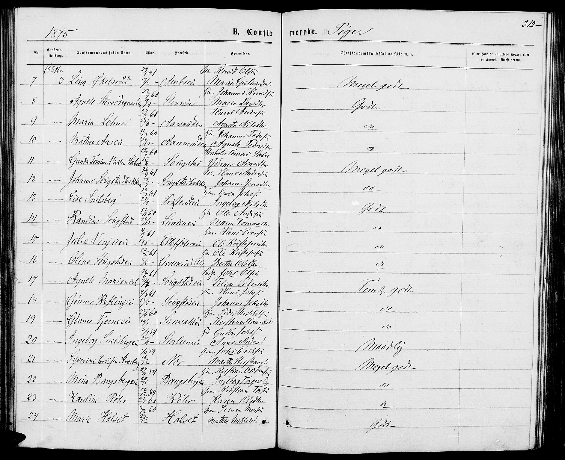 Ringsaker prestekontor, AV/SAH-PREST-014/L/La/L0008: Parish register (copy) no. 8, 1870-1878, p. 312