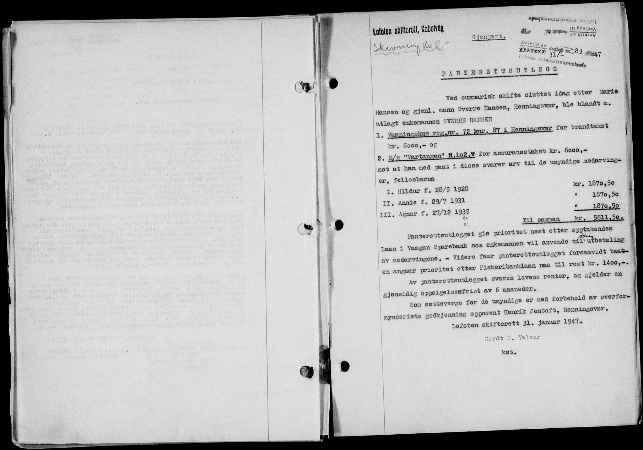 Lofoten sorenskriveri, SAT/A-0017/1/2/2C/L0015a: Mortgage book no. 15a, 1946-1947, Diary no: : 183/1947