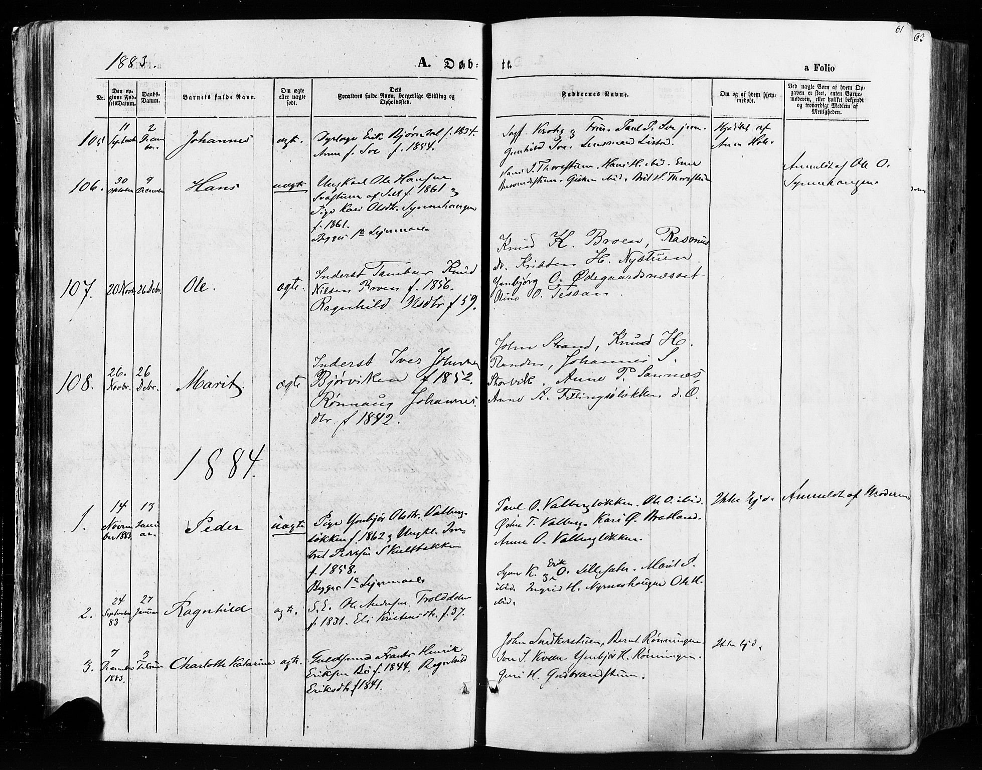 Vågå prestekontor, SAH/PREST-076/H/Ha/Haa/L0007: Parish register (official) no. 7 /1, 1872-1886, p. 61