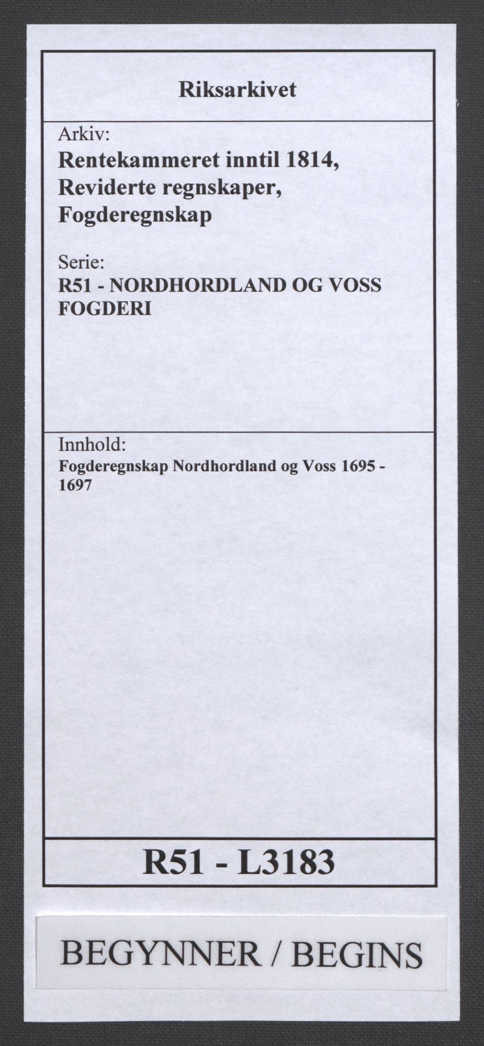 Rentekammeret inntil 1814, Reviderte regnskaper, Fogderegnskap, AV/RA-EA-4092/R51/L3183: Fogderegnskap Nordhordland og Voss, 1695-1697, p. 1