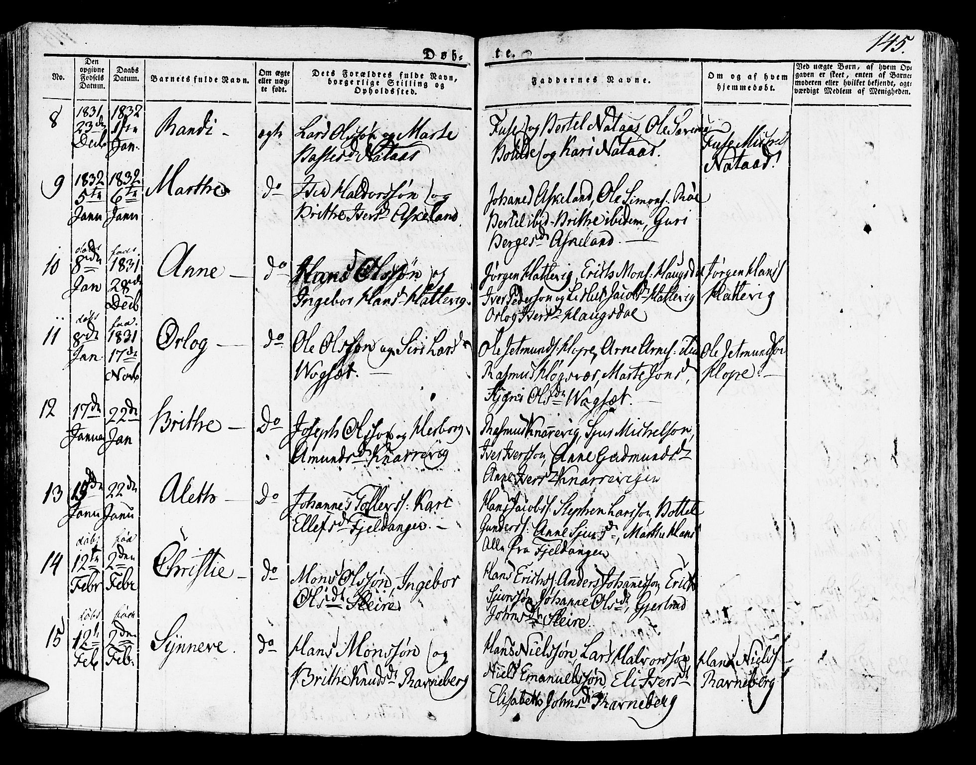Lindås Sokneprestembete, SAB/A-76701/H/Haa: Parish register (official) no. A 8, 1823-1836, p. 145