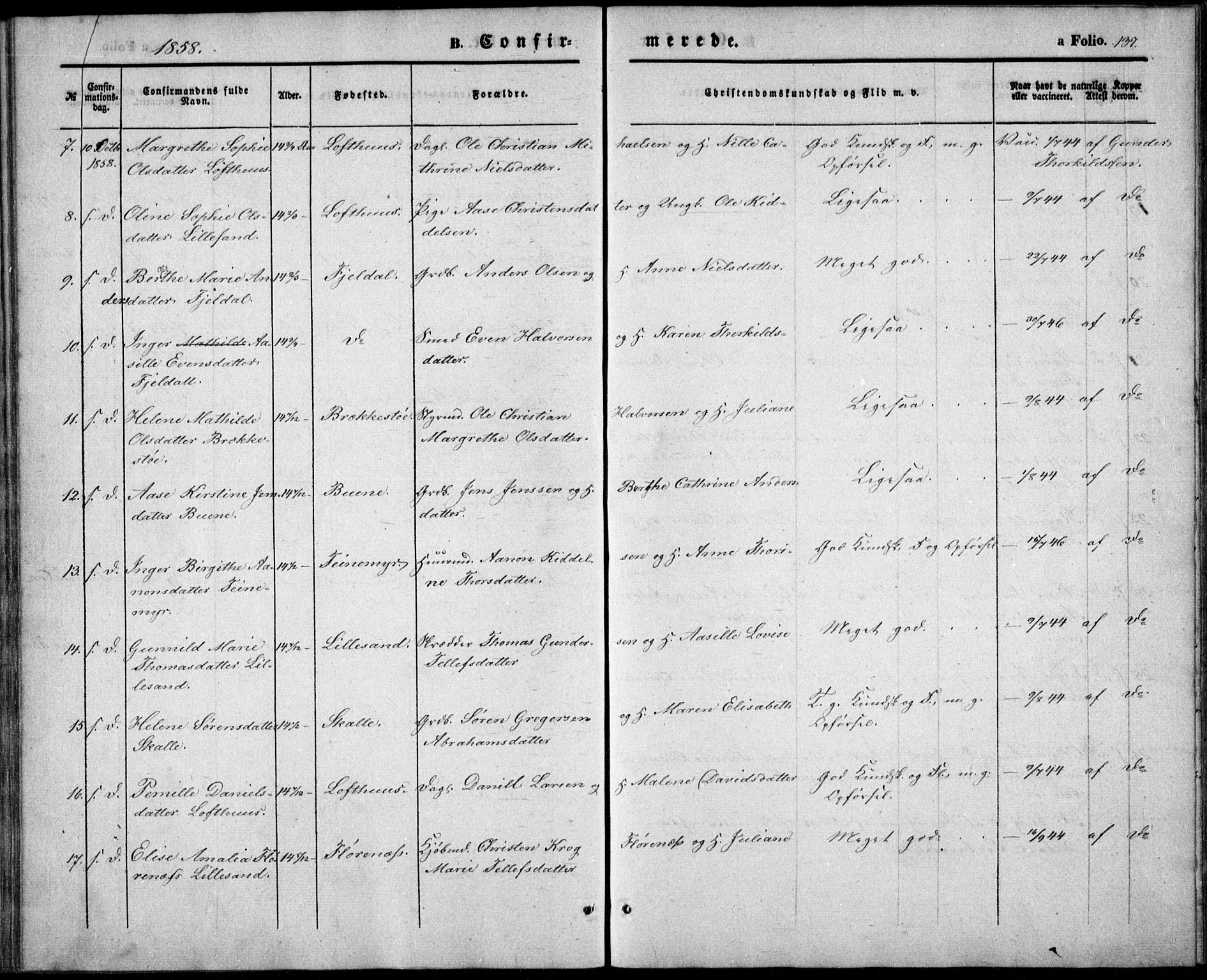 Vestre Moland sokneprestkontor, SAK/1111-0046/F/Fb/Fbb/L0003: Parish register (copy) no. B 3, 1851-1861, p. 137