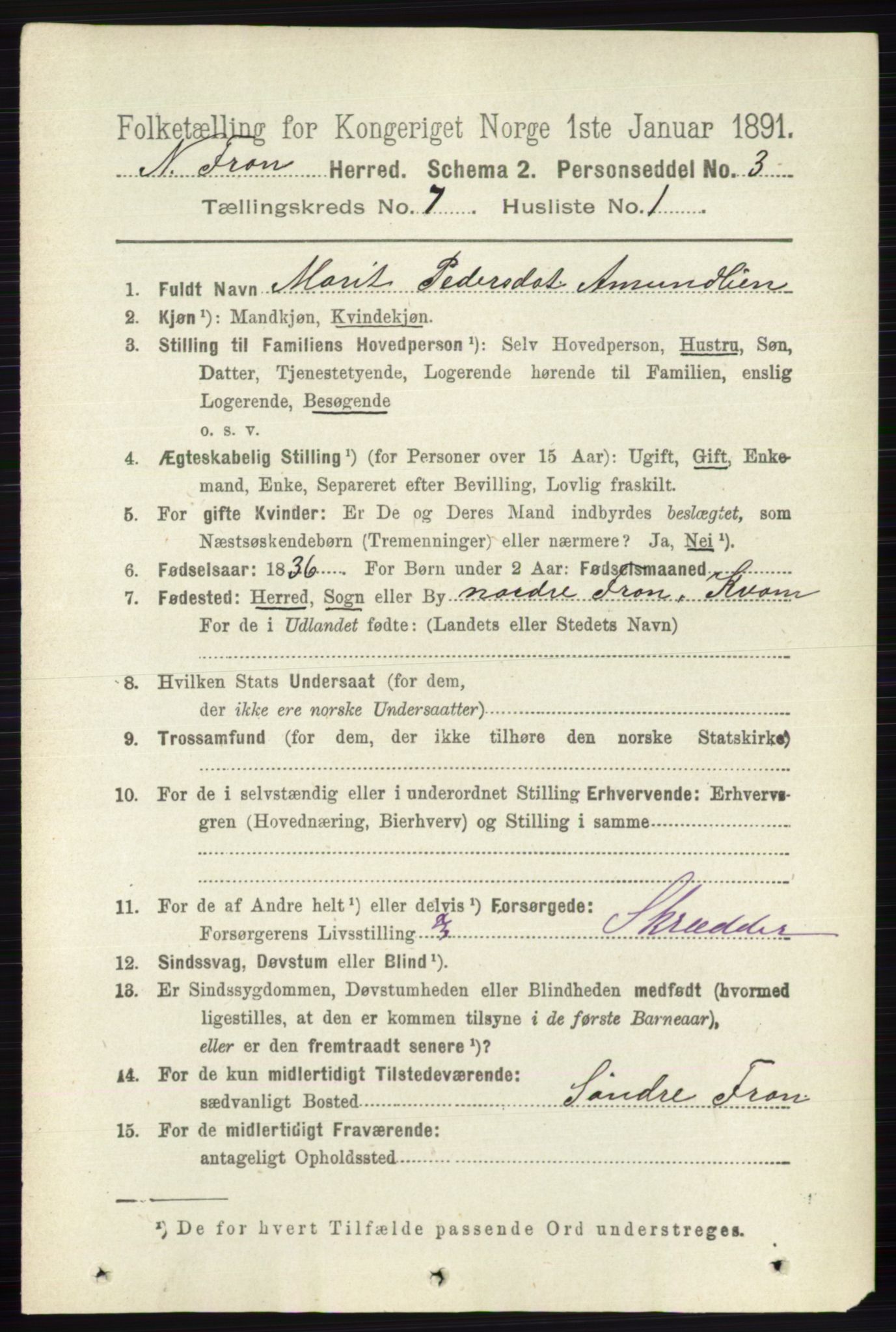 RA, 1891 census for 0518 Nord-Fron, 1891, p. 2839