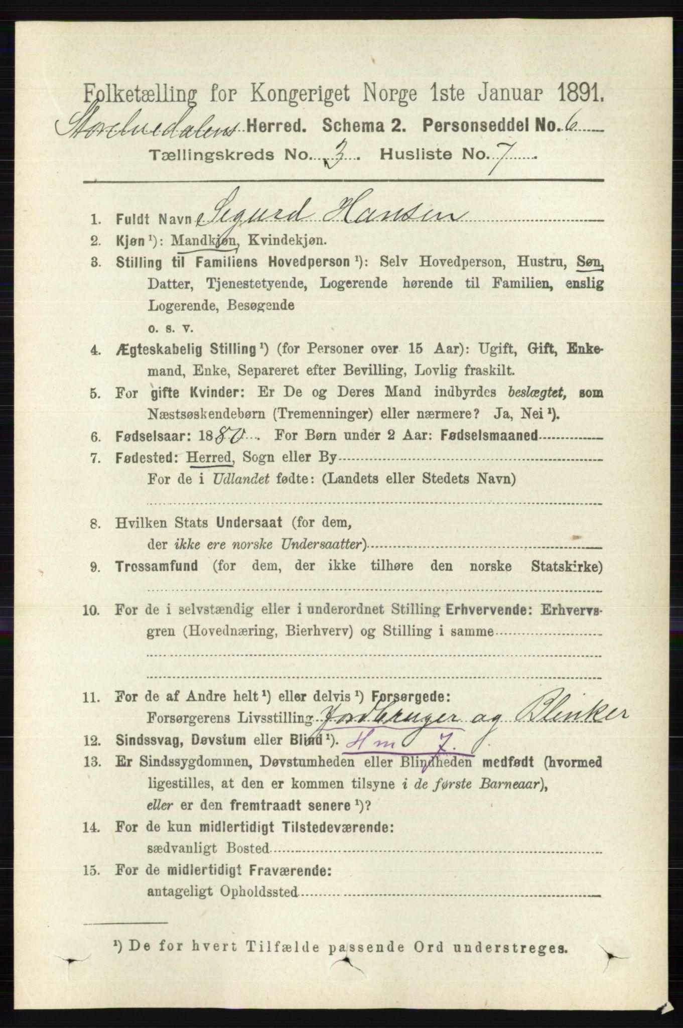 RA, 1891 census for 0430 Stor-Elvdal, 1891, p. 887