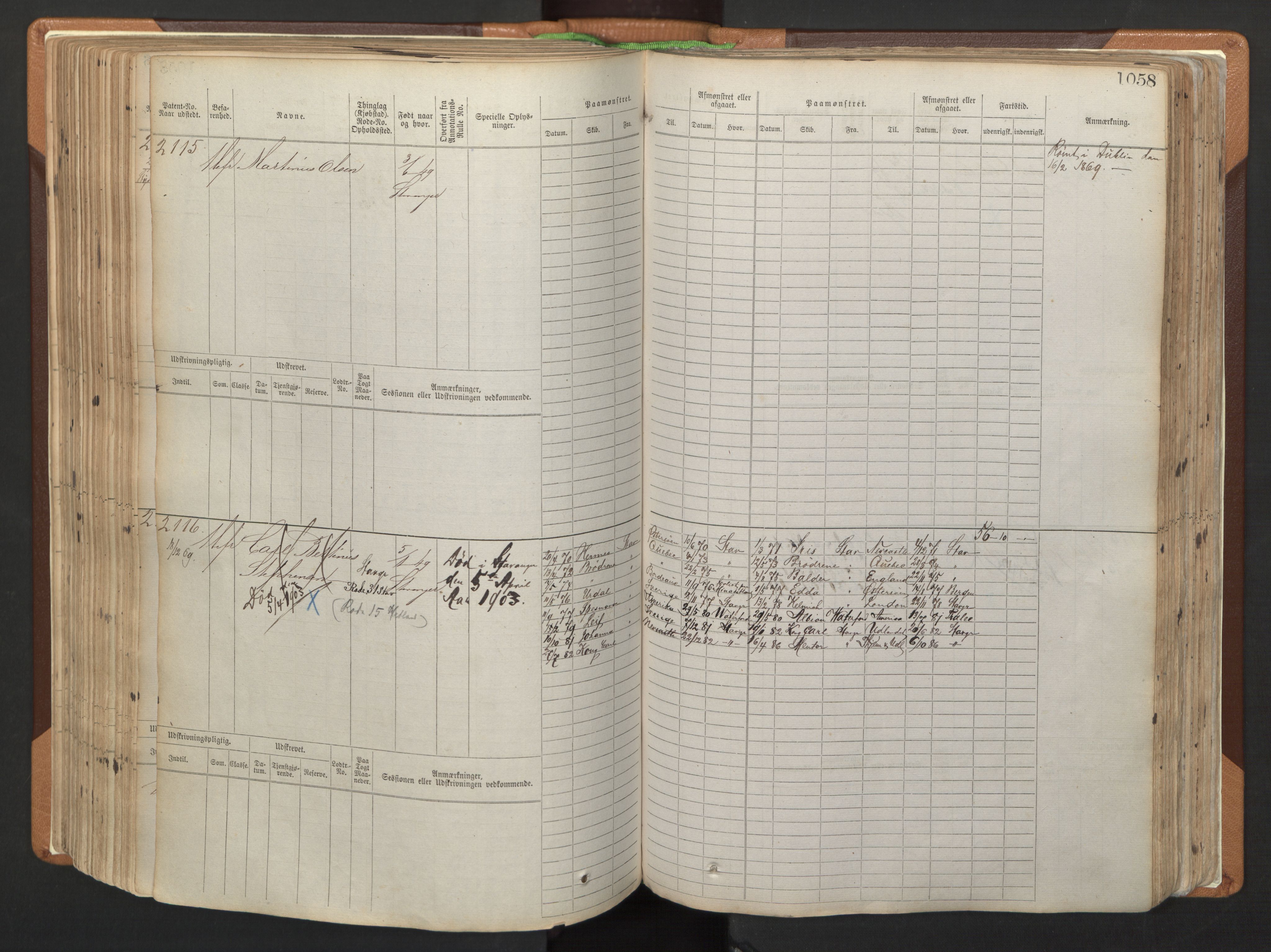 Stavanger sjømannskontor, AV/SAST-A-102006/F/Fb/Fbb/L0006: Sjøfartshovedrulle, patentnr. 1607-2402 (del 3), 1869-1880, p. 258