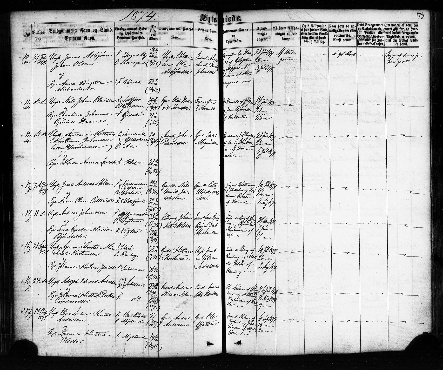 Ministerialprotokoller, klokkerbøker og fødselsregistre - Nordland, AV/SAT-A-1459/885/L1203: Parish register (official) no. 885A04, 1859-1877, p. 173