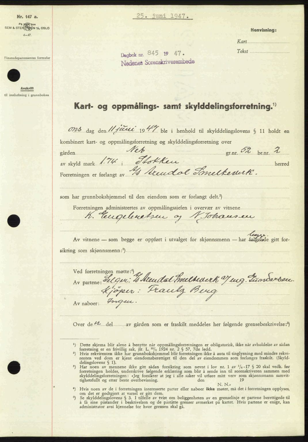 Nedenes sorenskriveri, AV/SAK-1221-0006/G/Gb/Gba/L0057: Mortgage book no. A9, 1947-1947, Diary no: : 845/1947