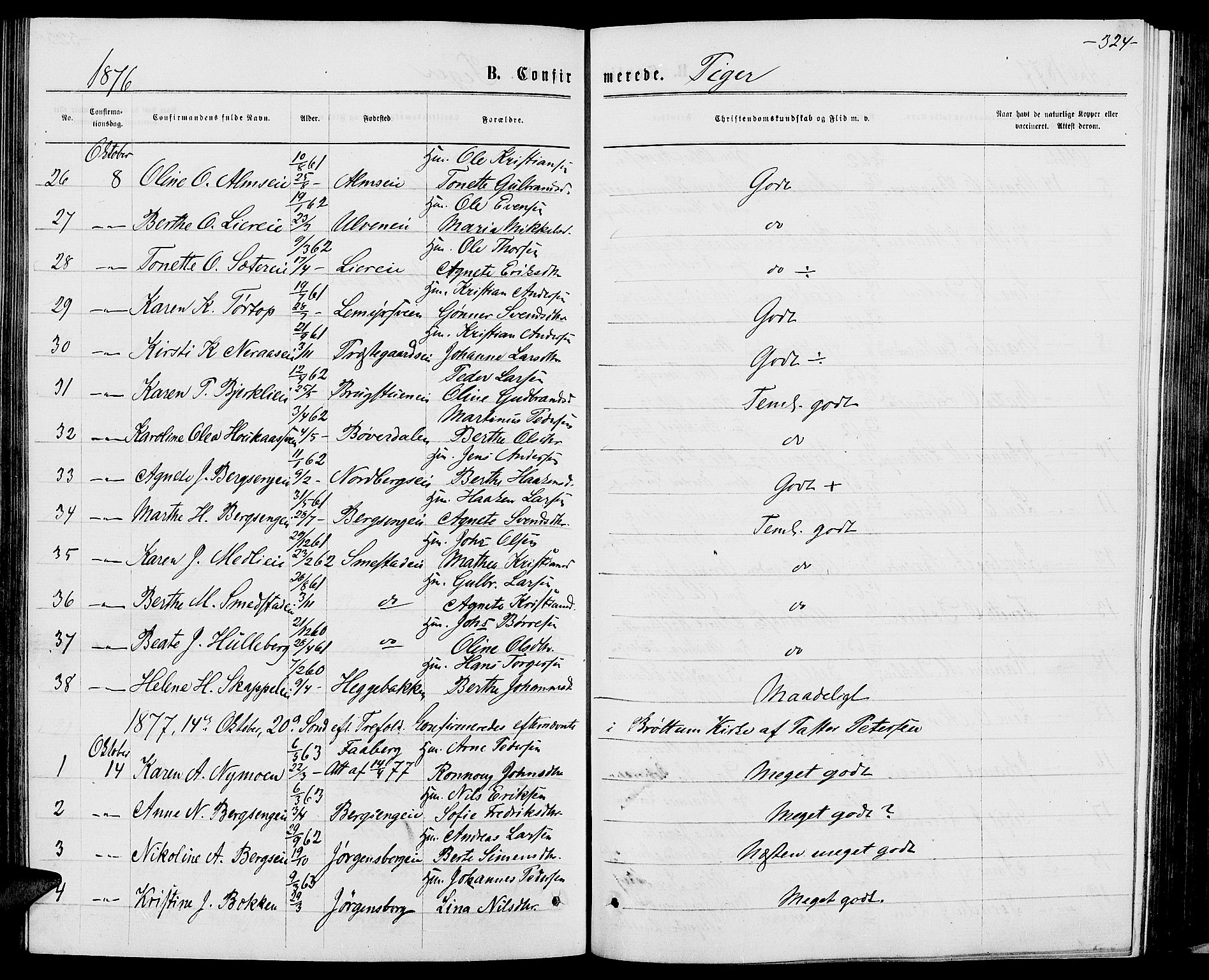 Ringsaker prestekontor, AV/SAH-PREST-014/L/La/L0008: Parish register (copy) no. 8, 1870-1878, p. 324