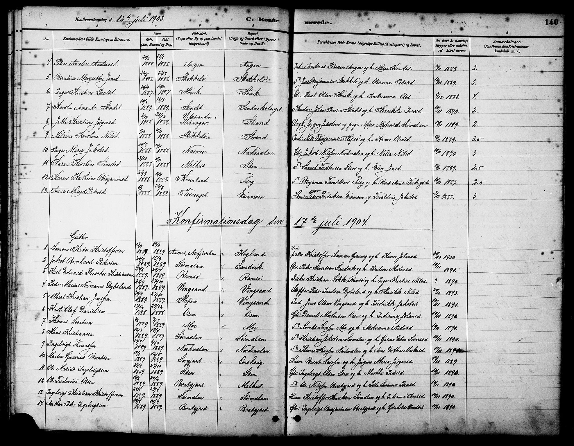 Ministerialprotokoller, klokkerbøker og fødselsregistre - Sør-Trøndelag, SAT/A-1456/658/L0726: Parish register (copy) no. 658C02, 1883-1908, p. 140