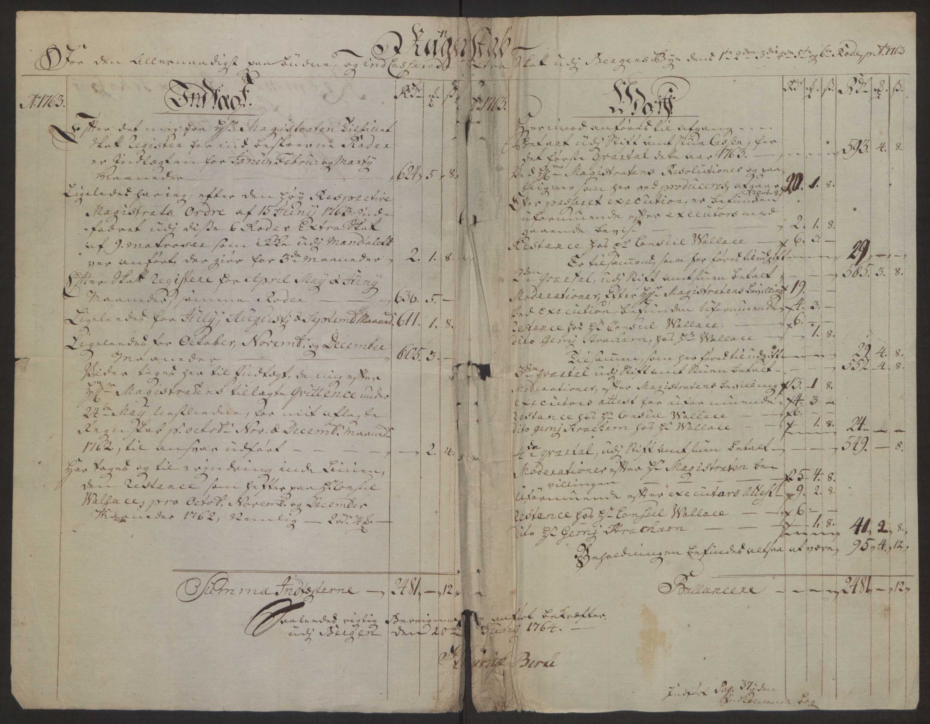 Rentekammeret inntil 1814, Reviderte regnskaper, Byregnskaper, RA/EA-4066/R/Rp/L0366/0001: [P20] Kontribusjonsregnskap / Ekstraskatt, 1763, p. 241