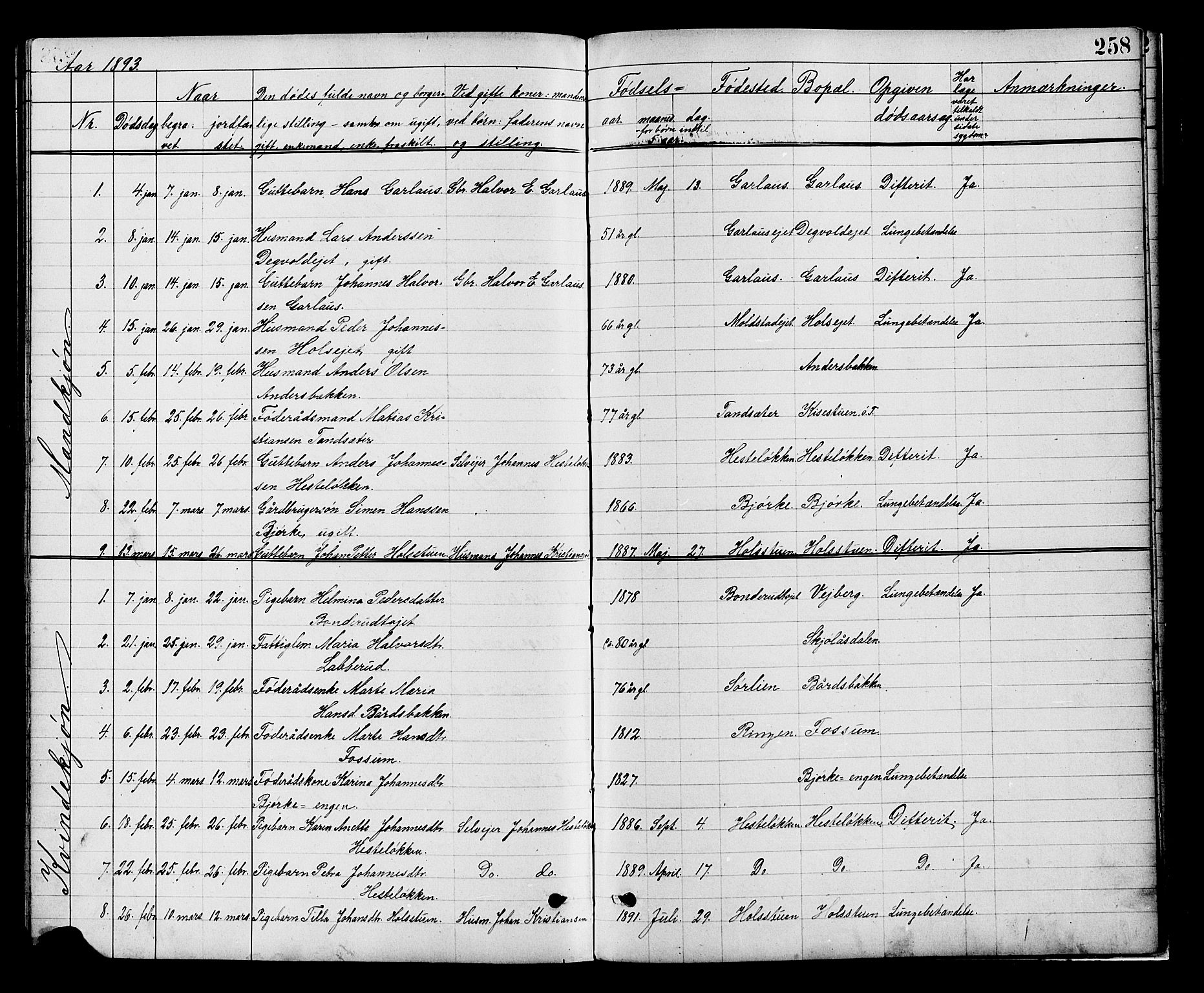 Vestre Toten prestekontor, AV/SAH-PREST-108/H/Ha/Hab/L0008: Parish register (copy) no. 8, 1885-1900, p. 258