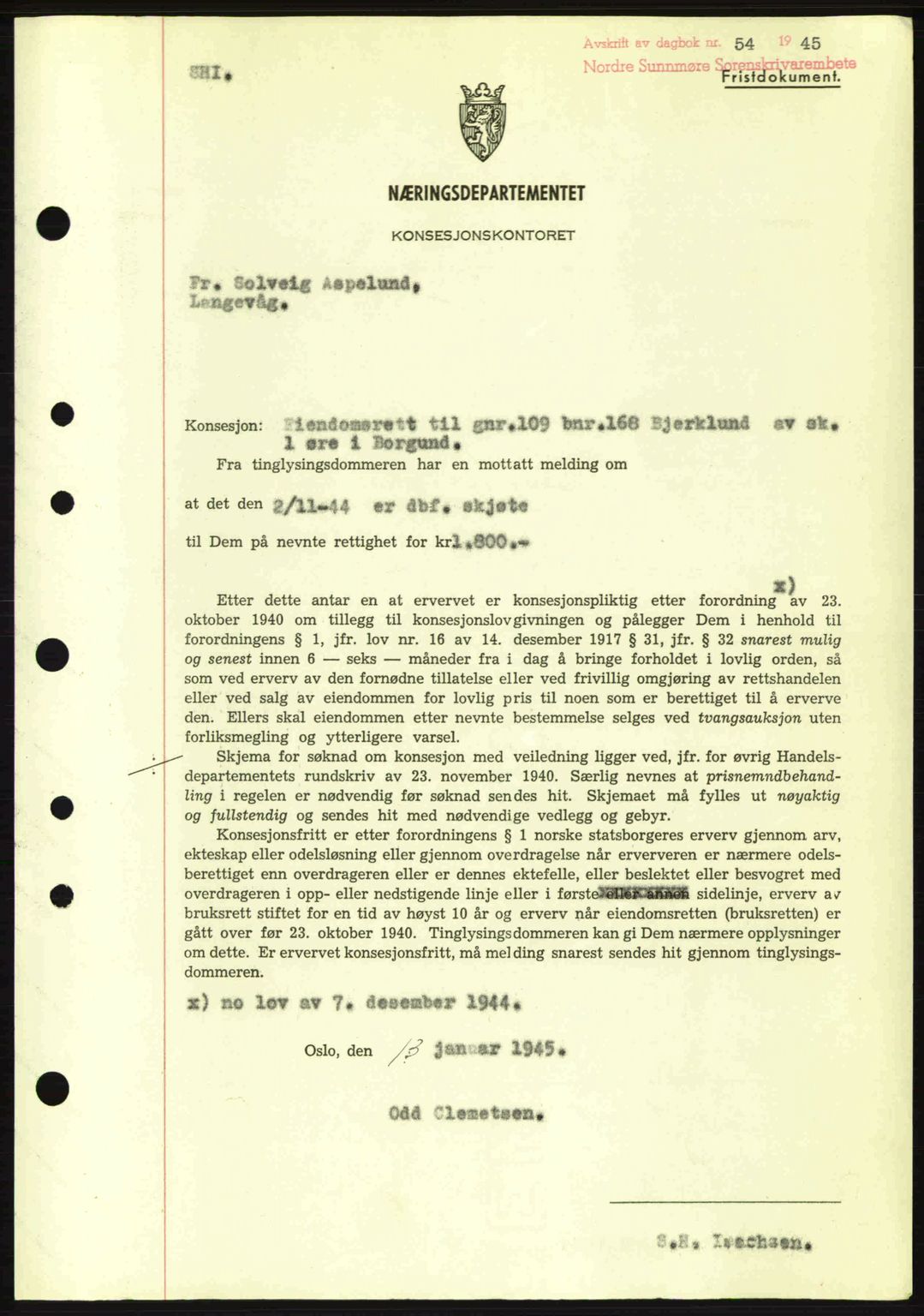 Nordre Sunnmøre sorenskriveri, SAT/A-0006/1/2/2C/2Ca: Mortgage book no. B6-14 a, 1942-1945, Diary no: : 54/1945