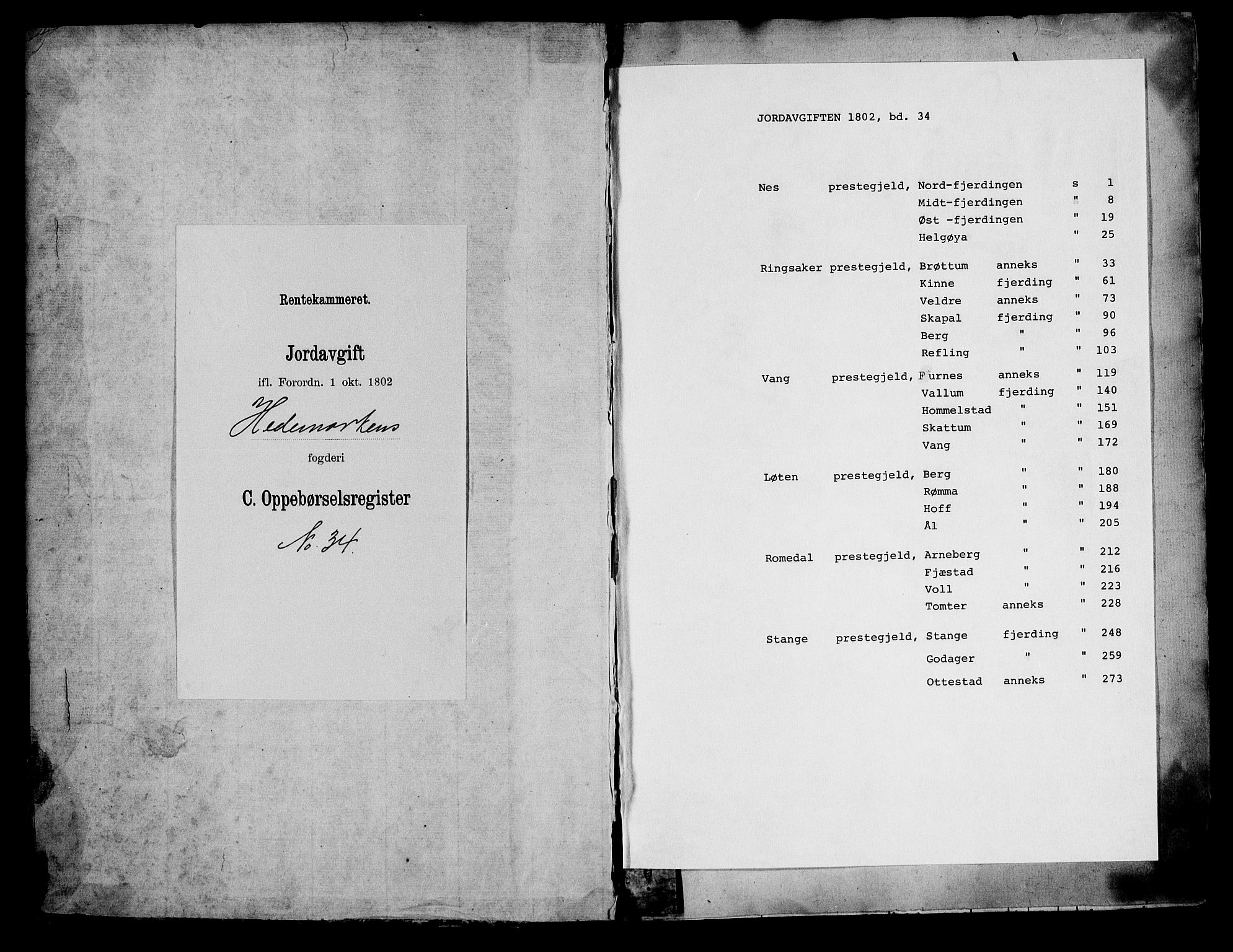 Rentekammeret inntil 1814, Realistisk ordnet avdeling, AV/RA-EA-4070/N/Ne/Nea/L0034: Hedmark fogderi. Oppebørselsregister, 1803-1804, p. 1