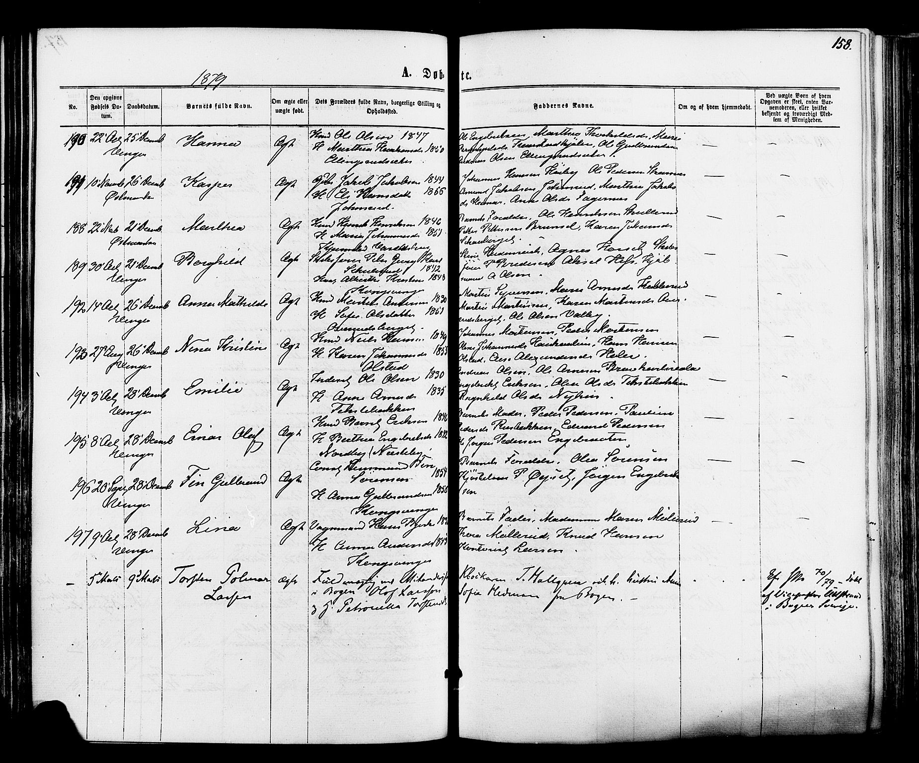 Vinger prestekontor, AV/SAH-PREST-024/H/Ha/Haa/L0012: Parish register (official) no. 12, 1871-1880, p. 158