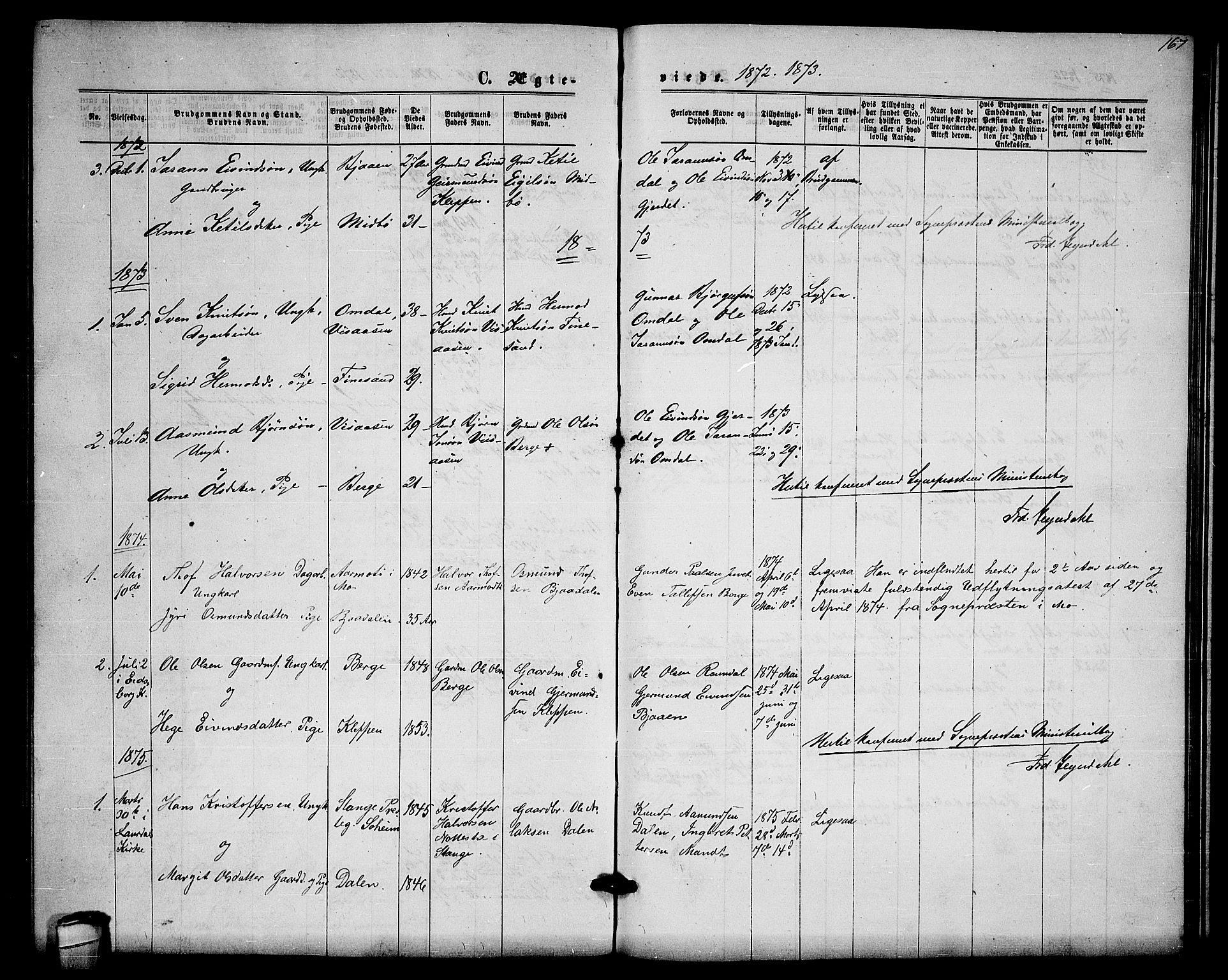 Lårdal kirkebøker, AV/SAKO-A-284/G/Gb/L0002: Parish register (copy) no. II 2, 1865-1888, p. 167