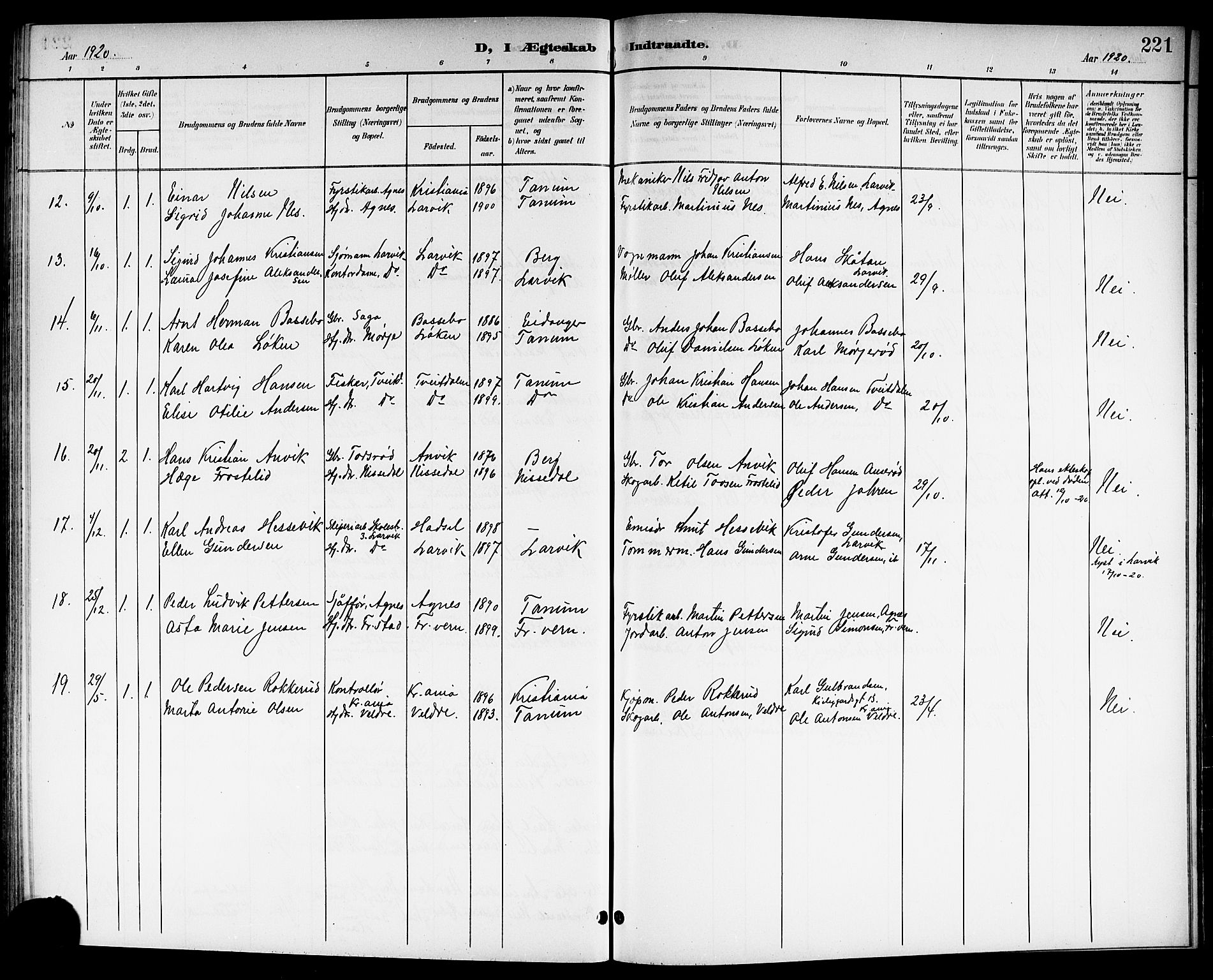 Brunlanes kirkebøker, SAKO/A-342/G/Ga/L0004: Parish register (copy) no. I 4, 1898-1921, p. 221