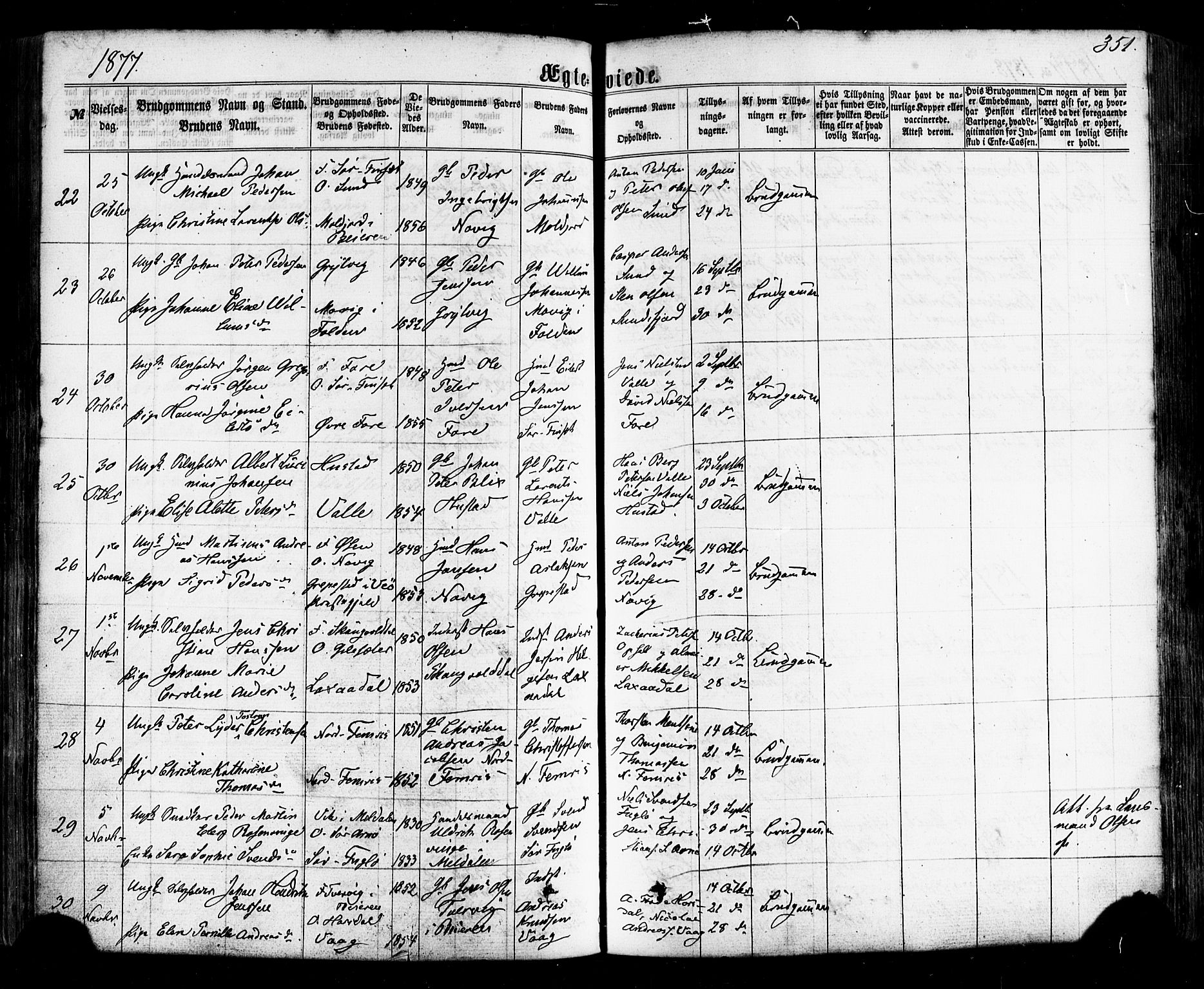 Ministerialprotokoller, klokkerbøker og fødselsregistre - Nordland, AV/SAT-A-1459/805/L0098: Parish register (official) no. 805A05, 1862-1879, p. 351