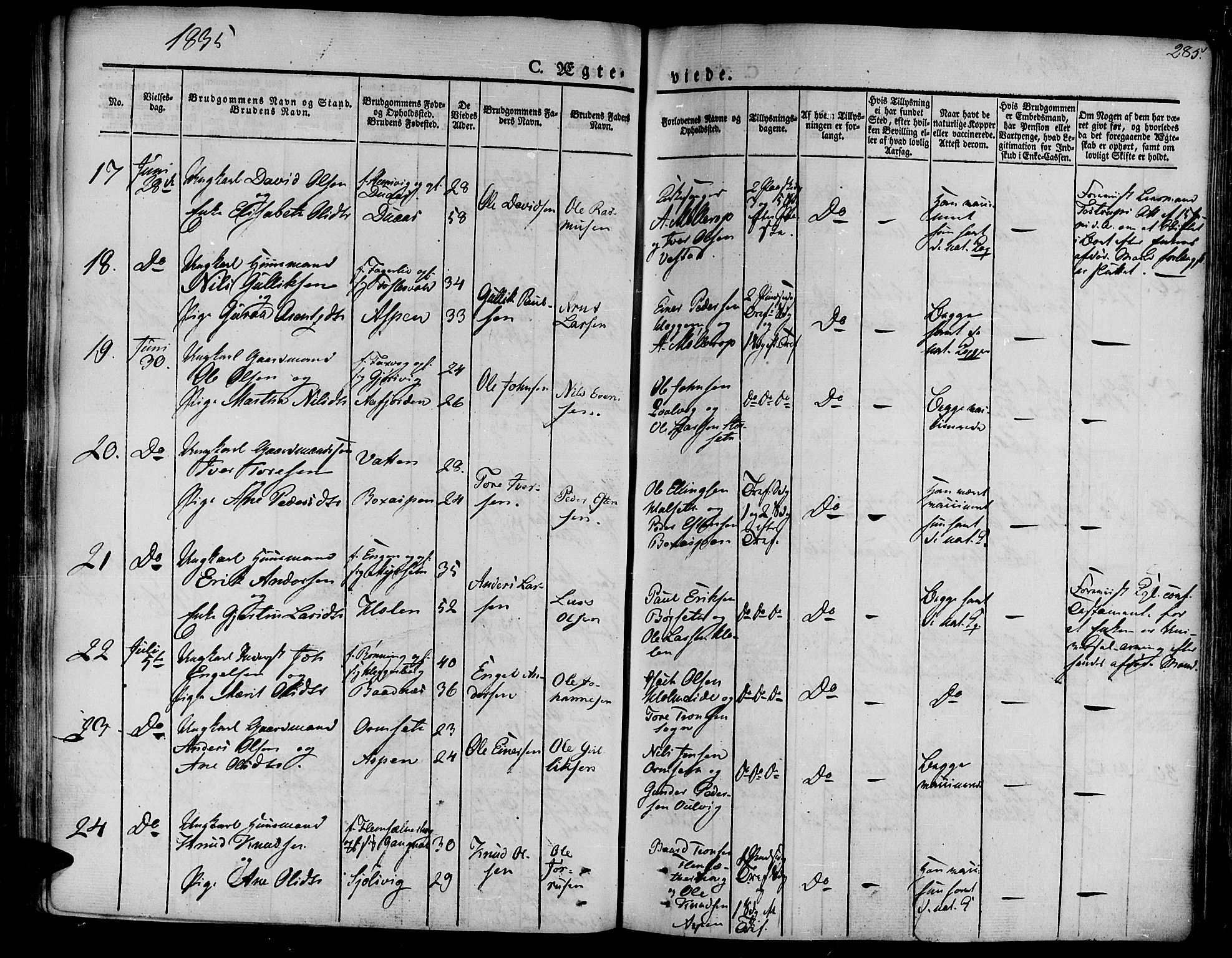 Ministerialprotokoller, klokkerbøker og fødselsregistre - Møre og Romsdal, AV/SAT-A-1454/586/L0983: Parish register (official) no. 586A09, 1829-1843, p. 285