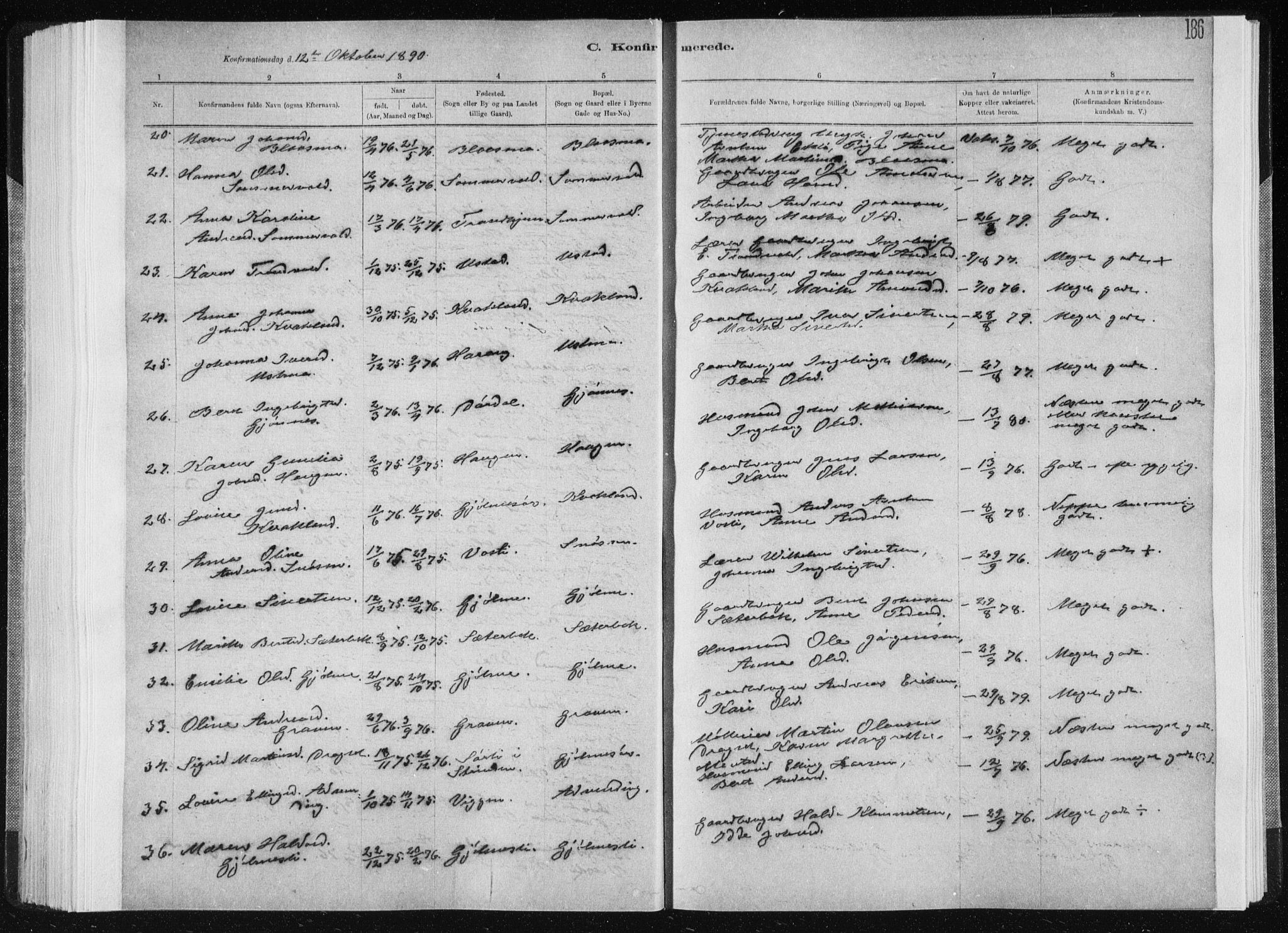 Ministerialprotokoller, klokkerbøker og fødselsregistre - Sør-Trøndelag, SAT/A-1456/668/L0818: Parish register (copy) no. 668C07, 1885-1898, p. 186