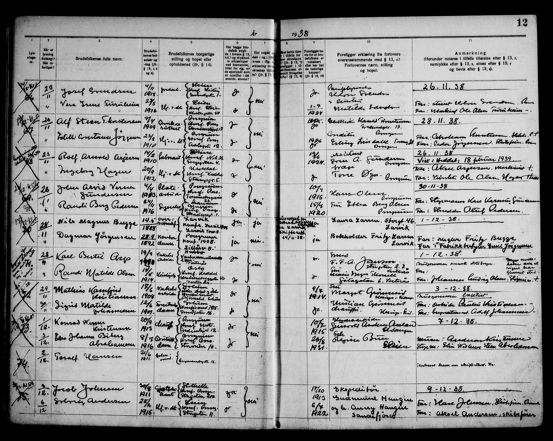 Porsgrunn kirkebøker , SAKO/A-104/H/Ha/L0002: Banns register no. 2, 1937-1952, p. 12