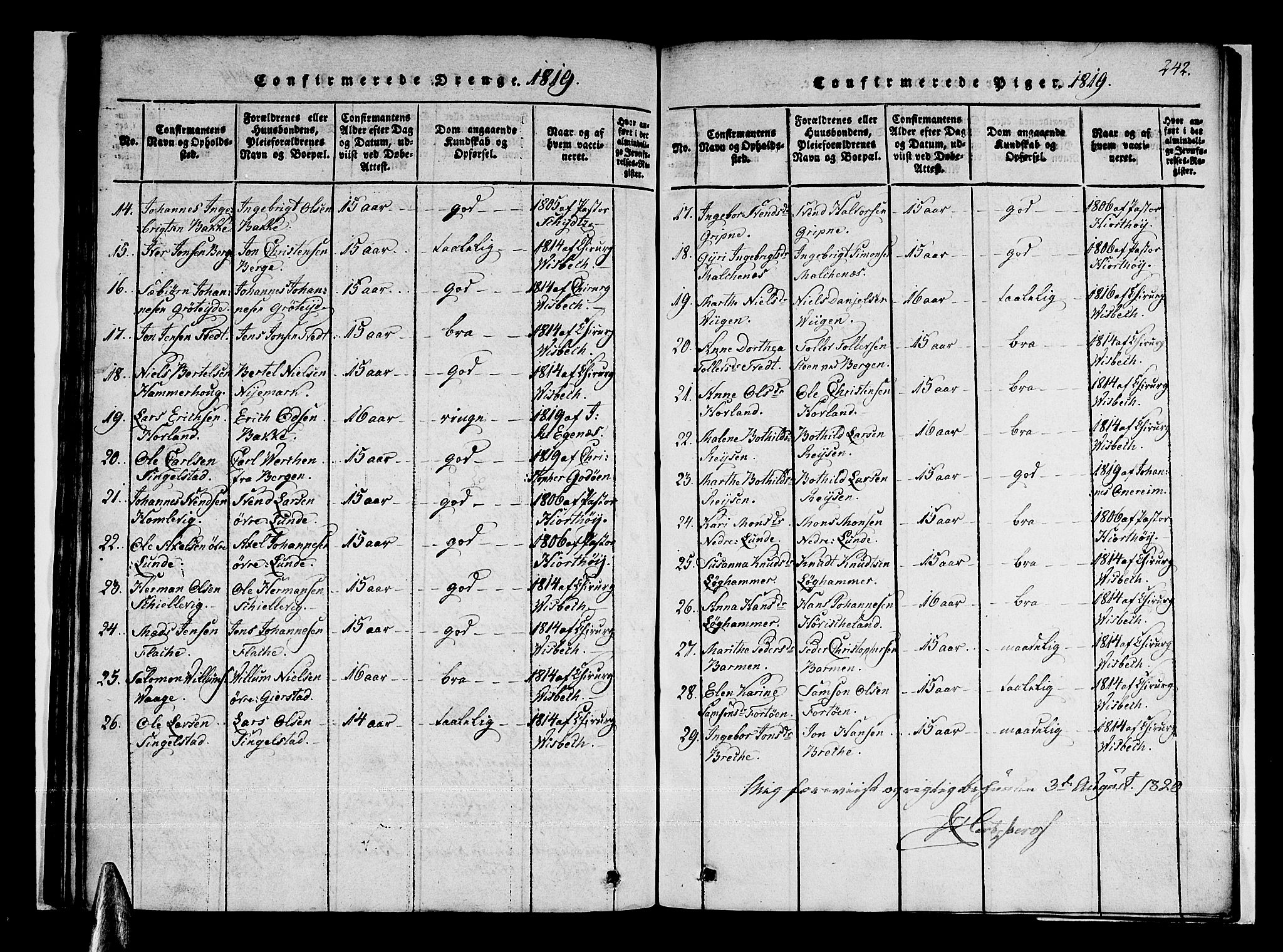 Tysnes sokneprestembete, AV/SAB-A-78601/H/Haa: Parish register (official) no. A 7, 1816-1826, p. 242