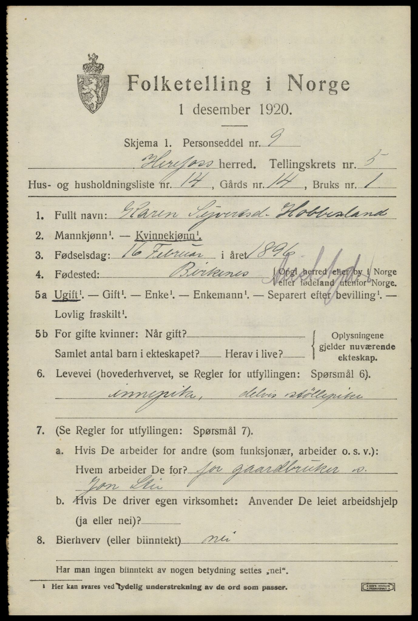 SAK, 1920 census for Herefoss, 1920, p. 1106