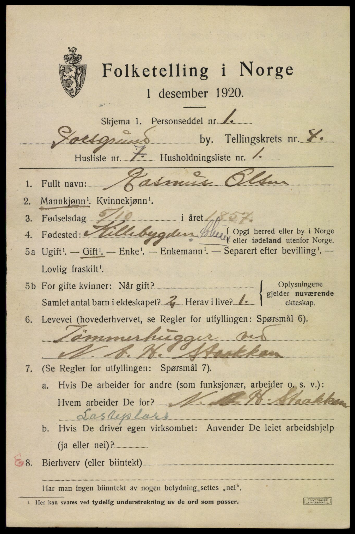 SAKO, 1920 census for Porsgrunn, 1920, p. 18927