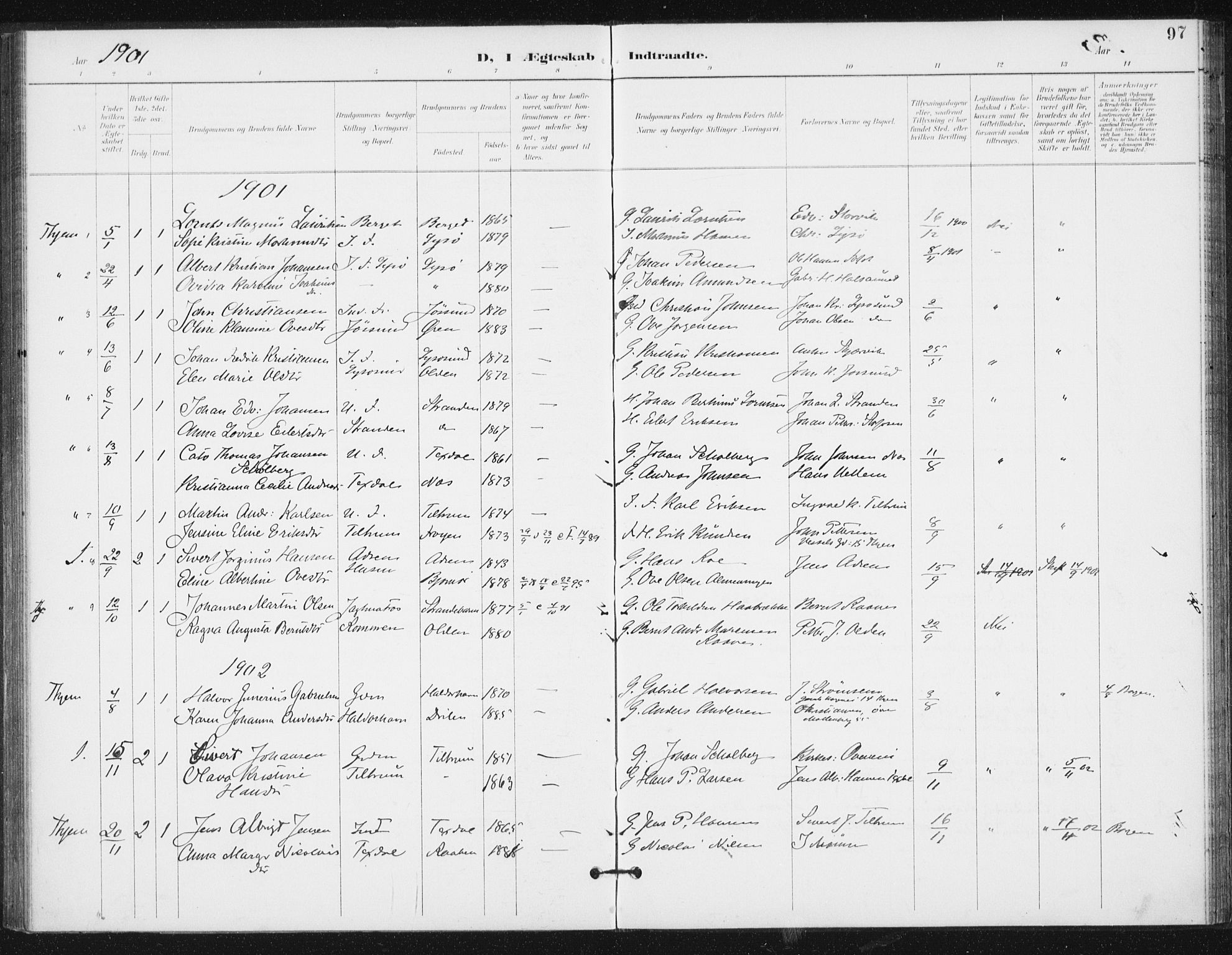 Ministerialprotokoller, klokkerbøker og fødselsregistre - Sør-Trøndelag, SAT/A-1456/654/L0664: Parish register (official) no. 654A02, 1895-1907, p. 97