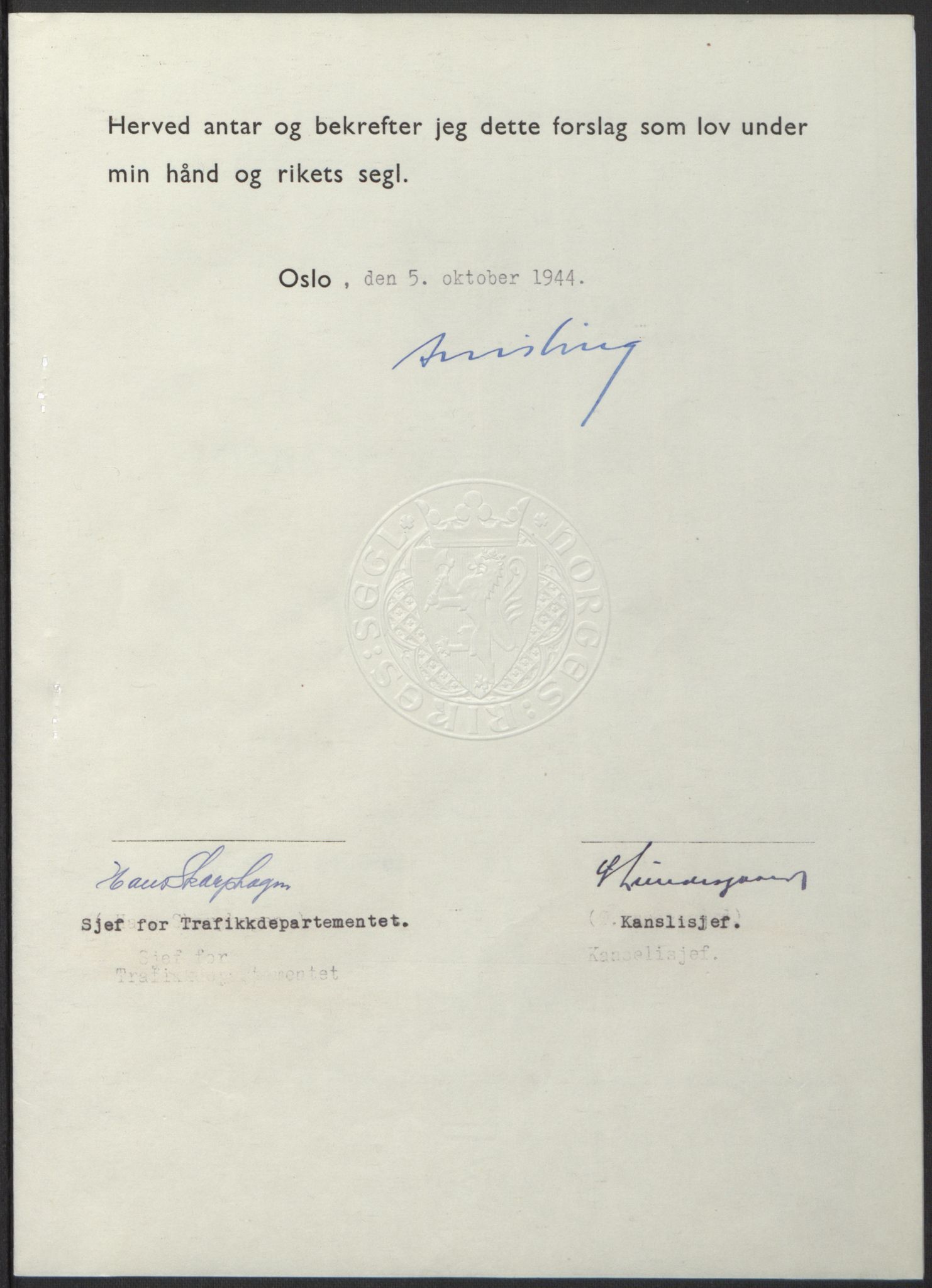 NS-administrasjonen 1940-1945 (Statsrådsekretariatet, de kommisariske statsråder mm), RA/S-4279/D/Db/L0100: Lover, 1944, p. 479