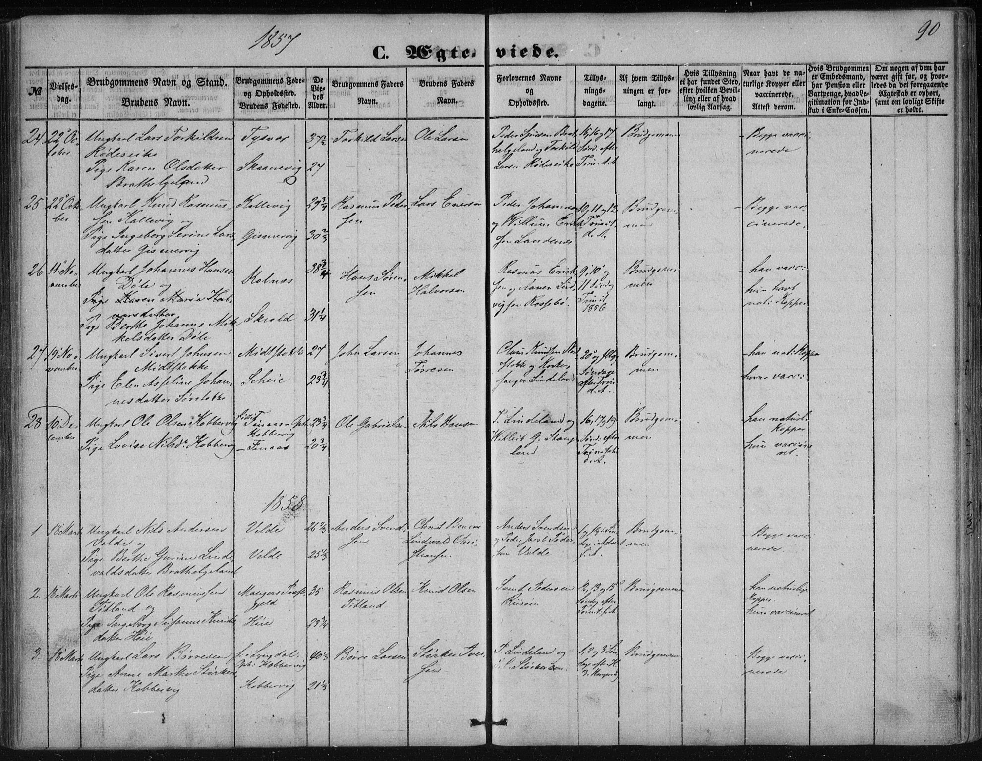 Avaldsnes sokneprestkontor, SAST/A -101851/H/Ha/Haa/L0009: Parish register (official) no. A 9, 1853-1865, p. 90