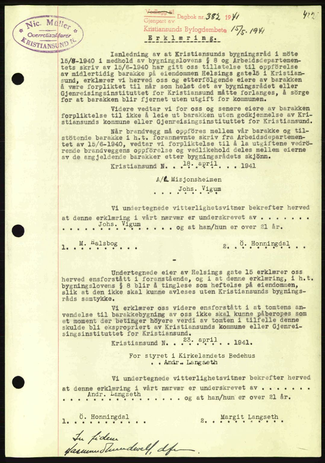 Kristiansund byfogd, SAT/A-4587/A/27: Mortgage book no. 33, 1939-1941, Diary no: : 382/1941