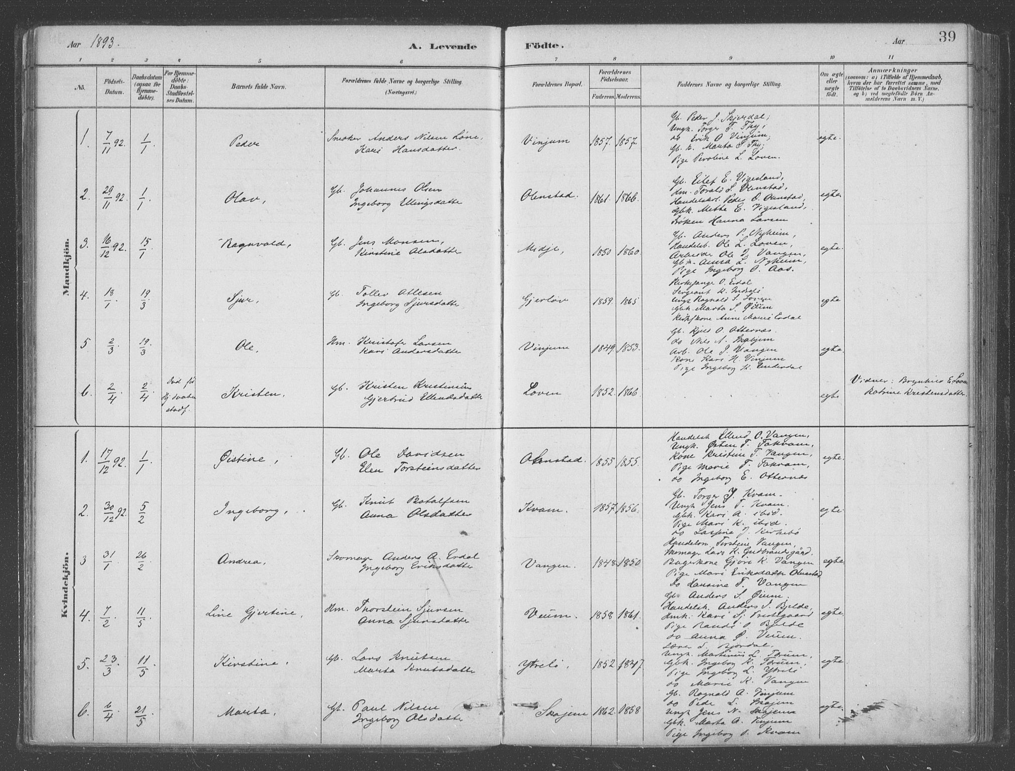 Aurland sokneprestembete, SAB/A-99937/H/Ha/Hab/L0001: Parish register (official) no. B  1, 1880-1909, p. 39