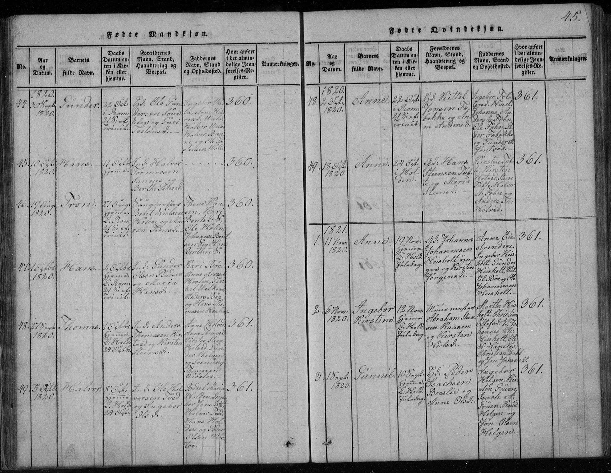 Holla kirkebøker, SAKO/A-272/F/Fa/L0003: Parish register (official) no. 3, 1815-1830, p. 45